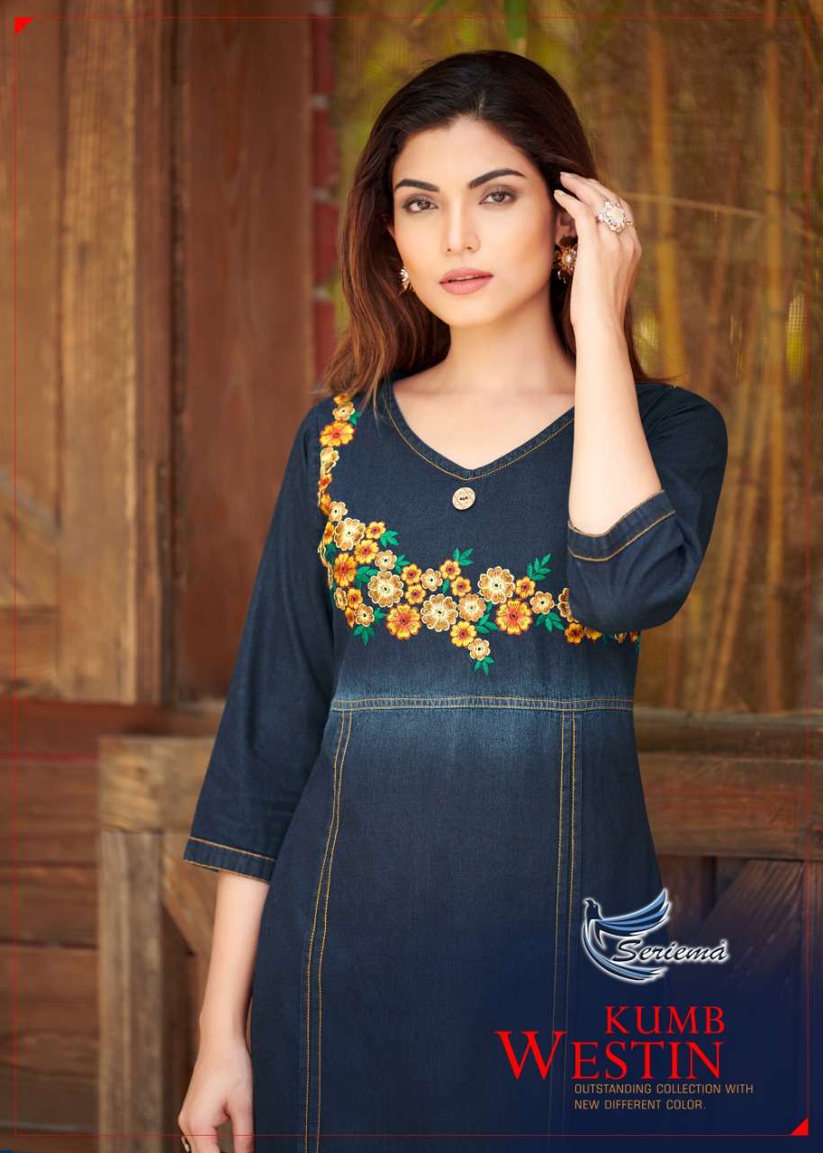 KUMB WESTIN BY SERIMA PURE COTTON DENIM HEAVY EMBROIDERY WORK KURTI AND HEAVY PAYAL WORK PANT - WHOL...