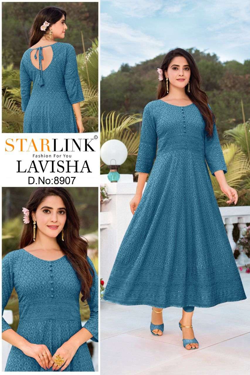 LAVISHA BY STARLINK BRAND -  RAYON FROND AND BACK SHIFFLI WORK ANARKALI PATTERN KURTI - WHOLESALER A...