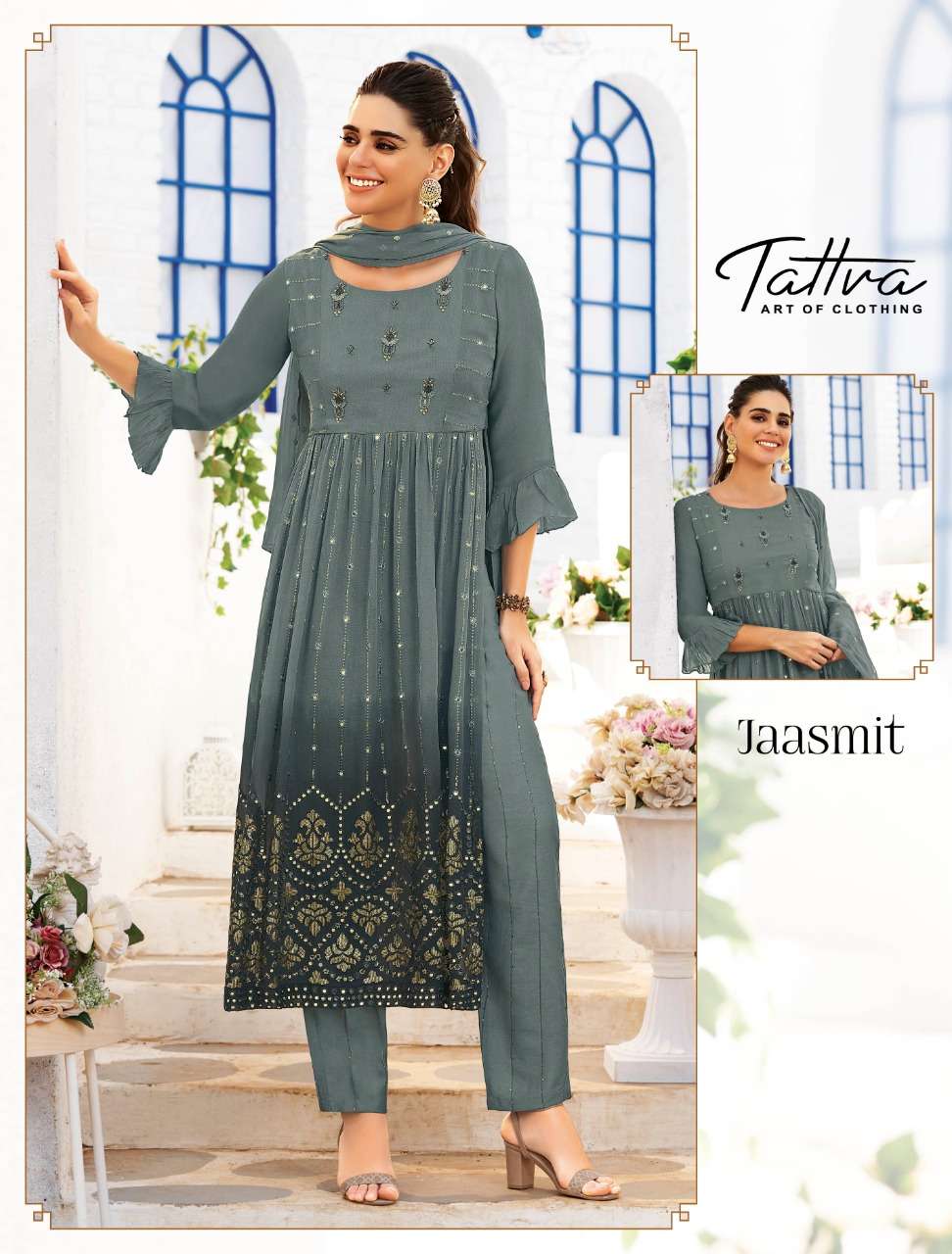 ETHNICAL ANDAAZ BY TATTVA BRAND - PURE VISCOSE GEORGETTE  ZAEDOSI MIRROR HANDWORK NAIRA CUT KURTI WI...