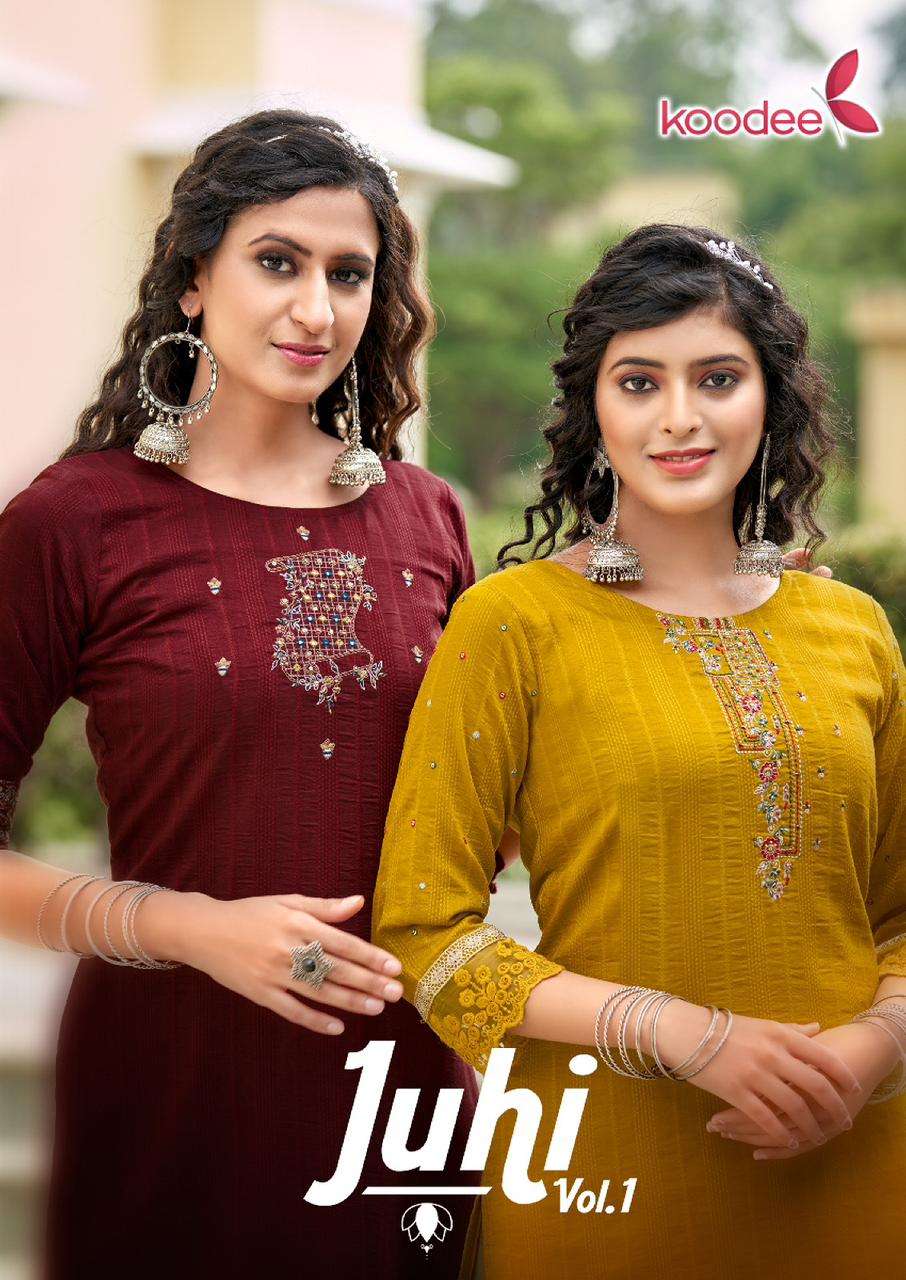  JUHI VOL 1 BY KOODEE BRAND - CHINON DOBBY HANDWORK & EMBROIDERY & KHATLIWORK KURTI WITH FULL INNER ...