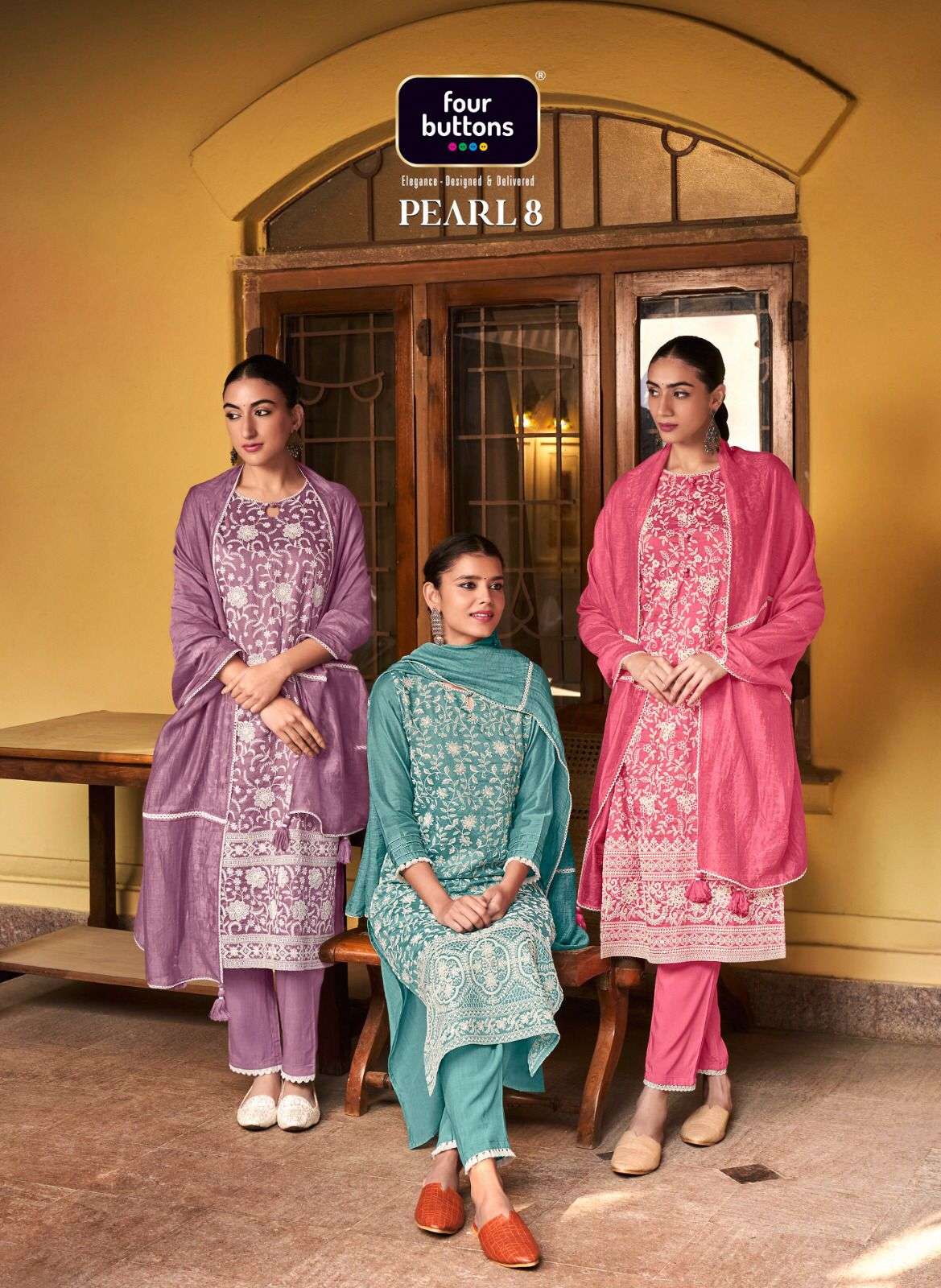 PEARL VOL 8 VISCOSE CHANDERI LAKHNAVI WORK KURTI WITH RAYON PANT AND LINEN CROCHET LACEWORK DUPATTA ...