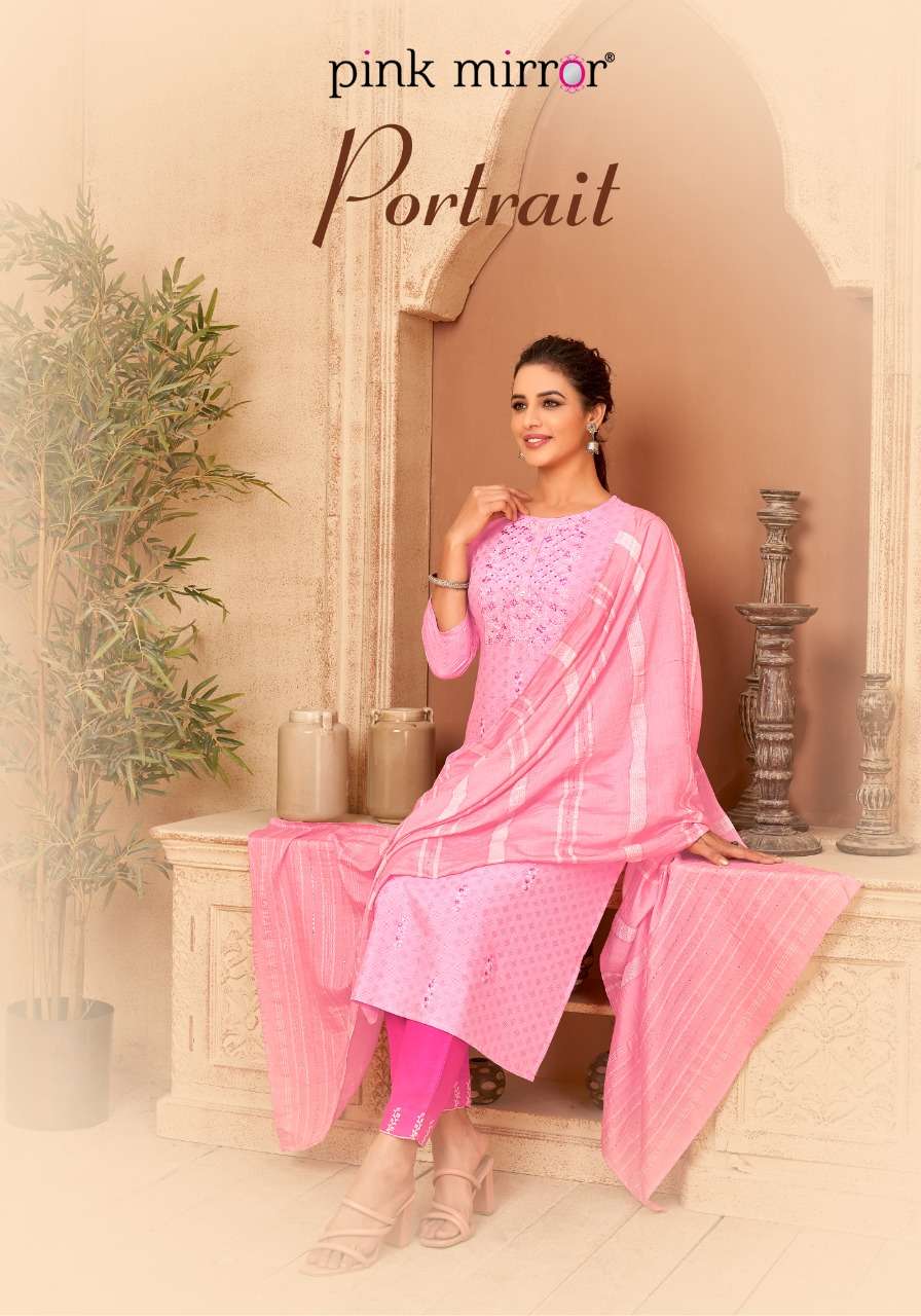 PINK MIRROR - PORTRAIT - VISCOSE KURTI AND COTTON PANT WITH DYED DUPATTA WHOLESALER AND DEALER