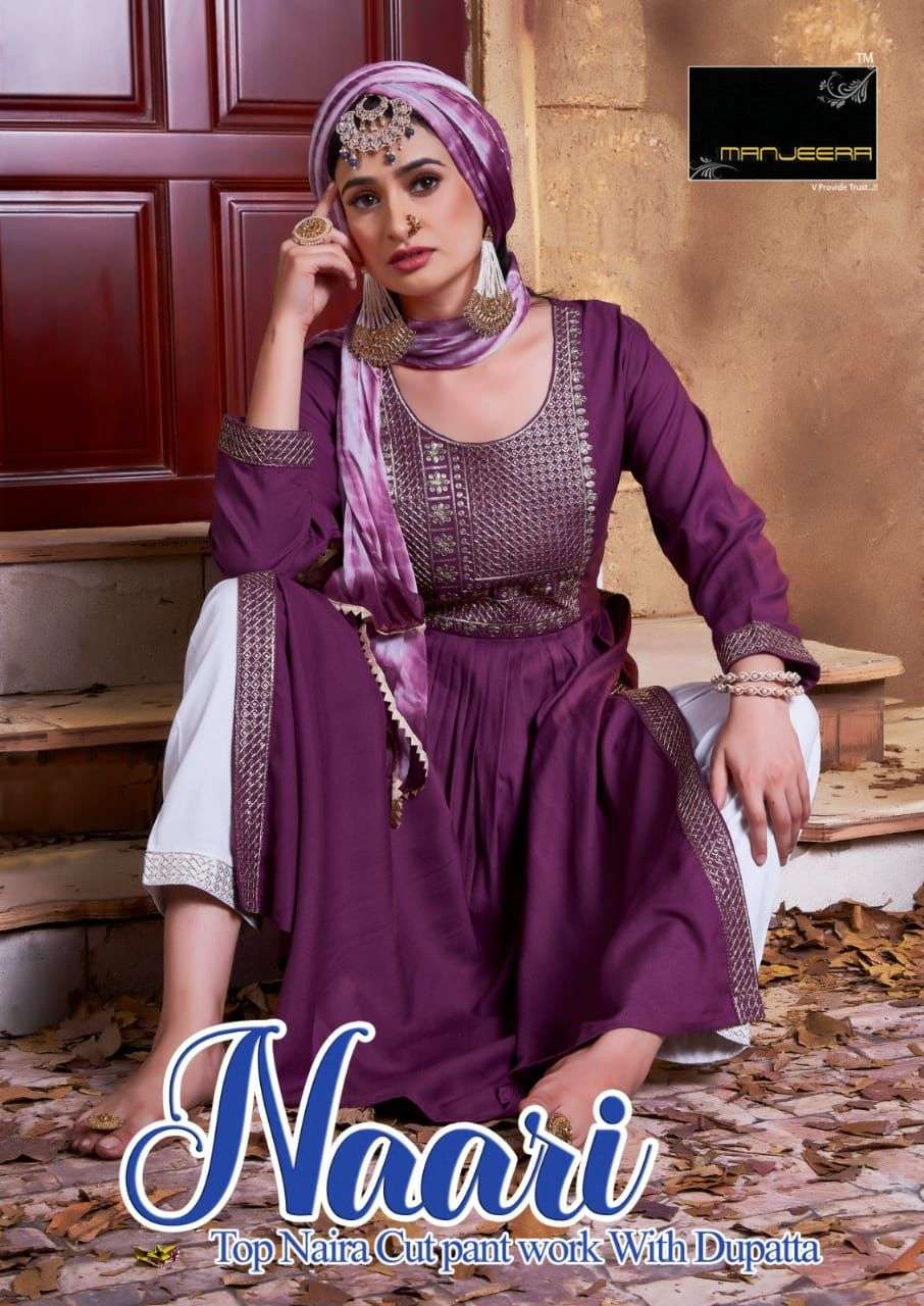 RANI BY MANJEERA BRAND - NAIRA CUT REYON WORK ON NECK KURTI WITH  REYON WORK PANT AND SHIBURI PRINTE...