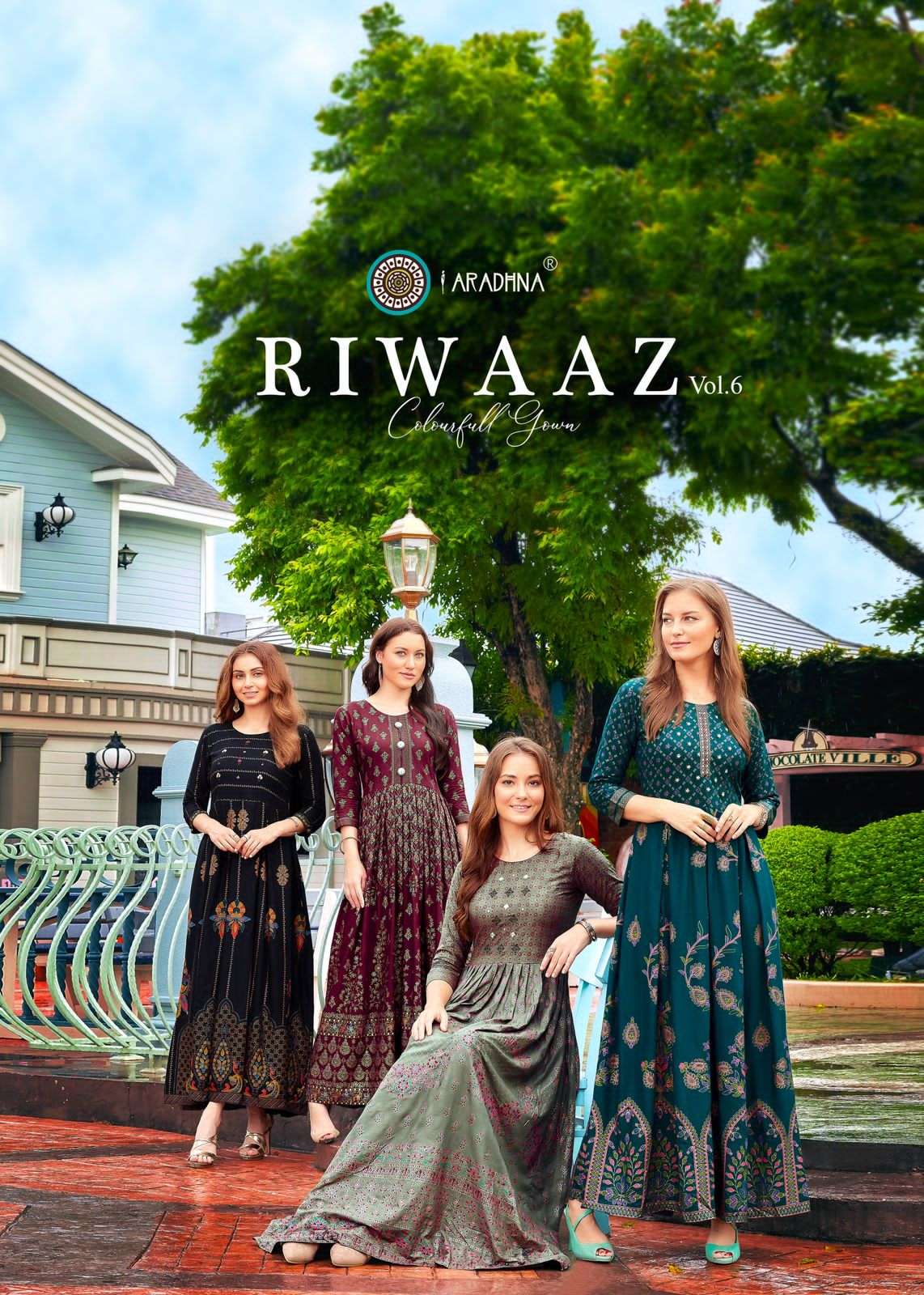  RIWAAZ VOL 6 BY ARADHNA BRAND - RAYON 14 KG LONG GOWN STYLE LIVA APPROVED KURTI WITH WORK - WHOLESA...