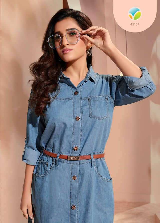 THE DENIM 3 BY TUMBAA BRAND - DENIM COTTON LONG KURTI WITH DIFFERENT SHADES OF DENIM - WHOLESALER AN...