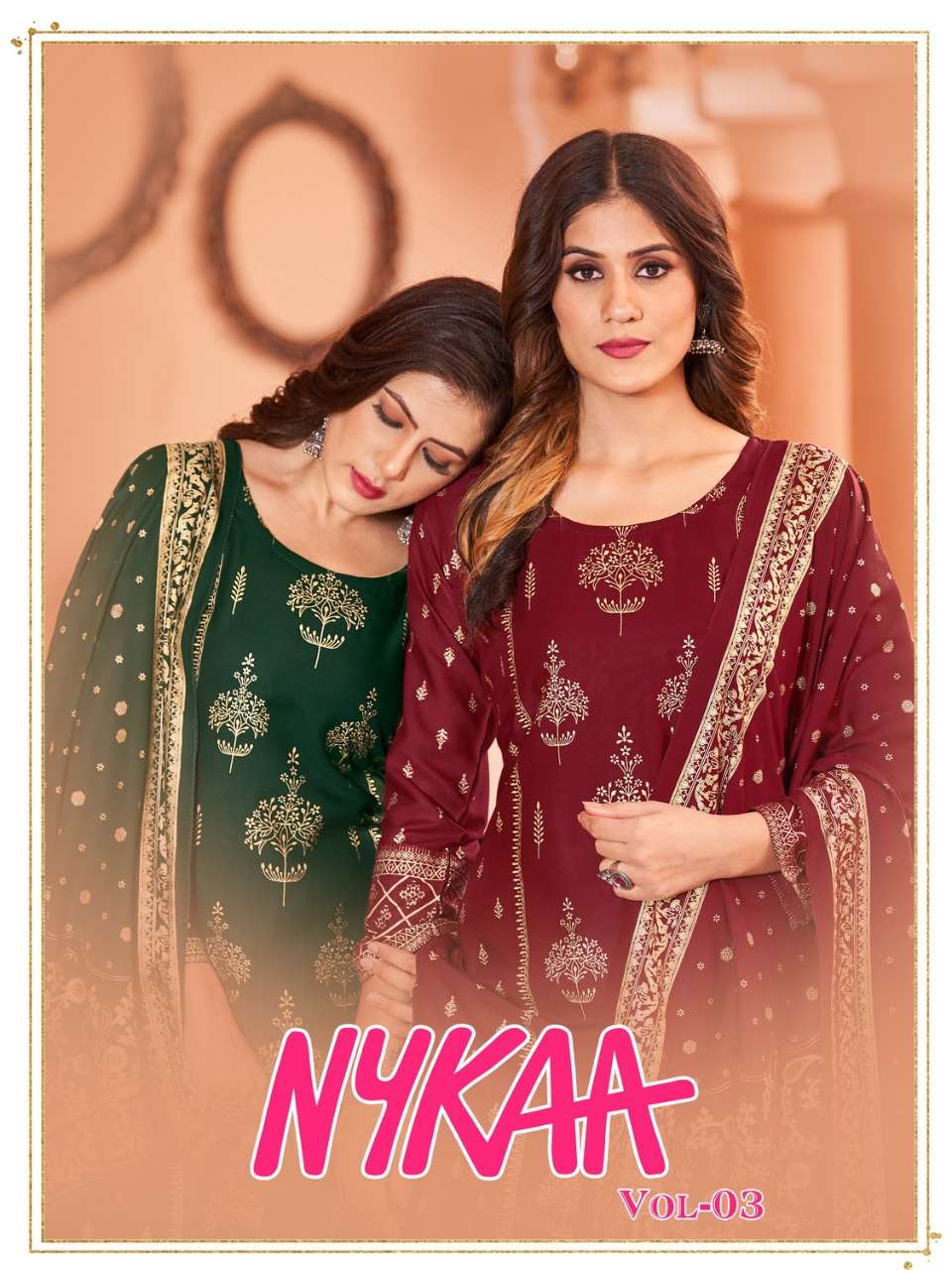 VIYAA DESIGNER  -  NYKAA VOL 3 - FINEST QUALITY OF PURE 14 KG RAYON PRINT GOLD TOP PANT DUPATTA 