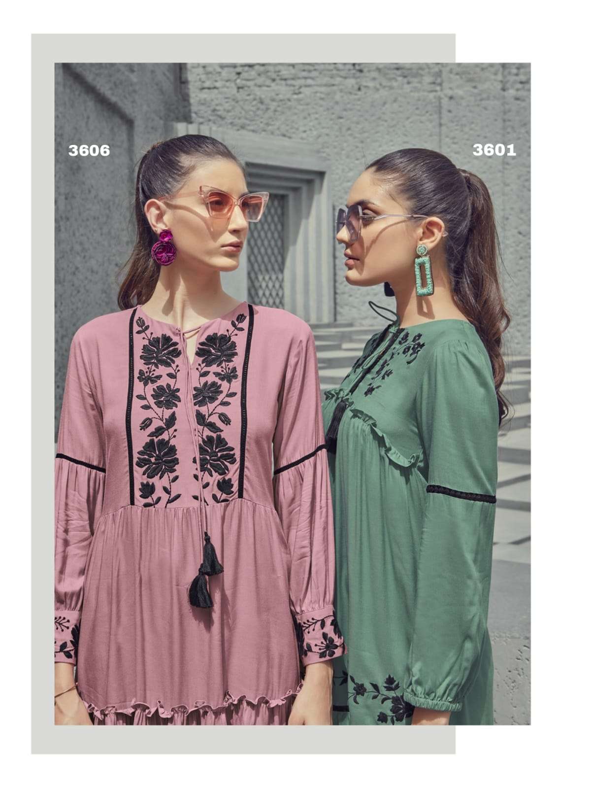 VOL-36 BY NU BRAND PRESENTS LIVA GRADE RAYON EMBROIDERY WORK STYLISH TUNICS WITH COTTON LACES - WHOL...