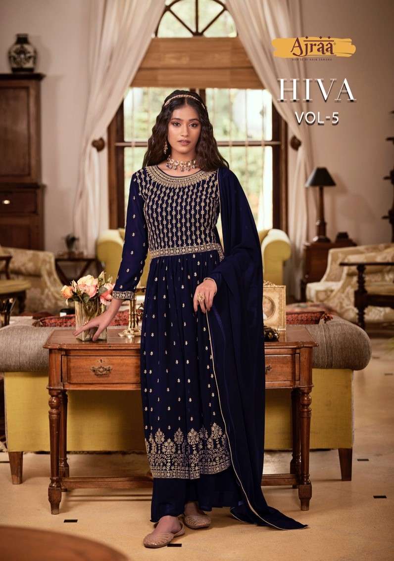 AJRAA HIVA 5 REAL GEORGETTE EMBROIDERY WORK KURTI WITH GORGETTE PANT AND DUPATTA WHOLESAER AND DEALE...