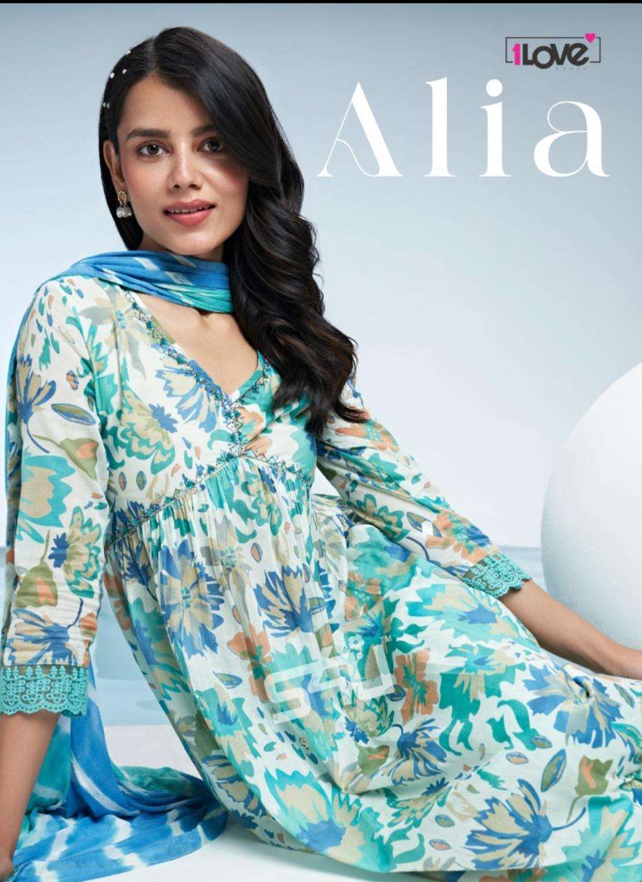 ALIA  MUL COTTON DIGITAL PRINT BEAUTIFUL LACE DETAILING ANARKALI KURTI WITH PANT AND DUPATTA BY 1LOV...