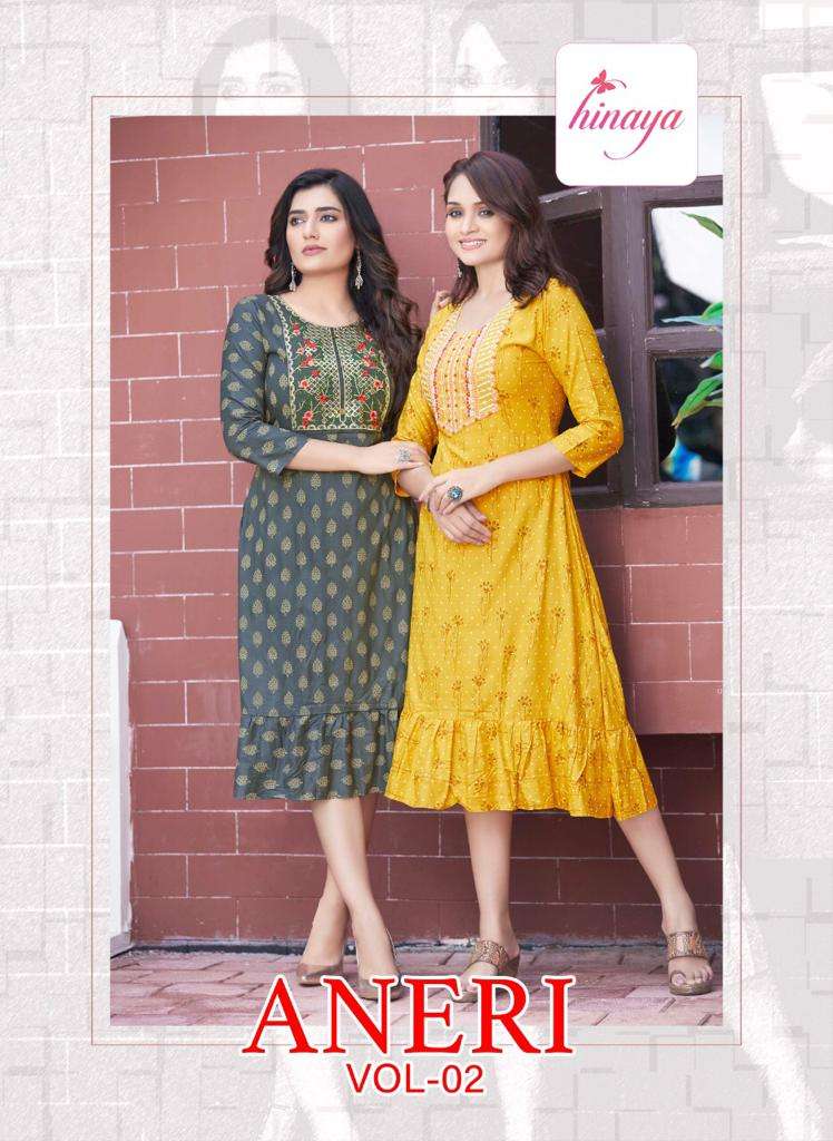 ANERI VOL 3 RAYON SLUB 14 KG TRENDY LONG FLAIRED KURTI BY HINAYA BRAND WHOLESALER AND DEALER