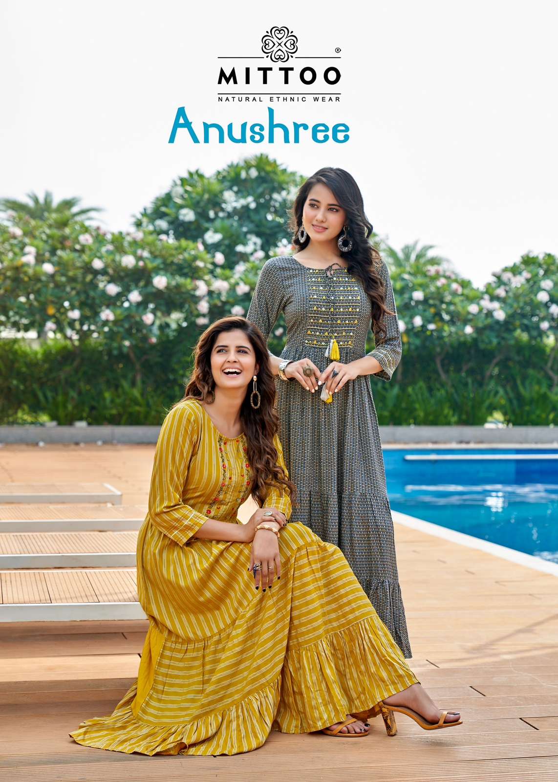 ANUSHREE RAYON WRINKLE PRINT AND HANDWORK DOUBLE LAYERED FLARED KURTI BY MITTOO WHOLESALER AND DEALE...