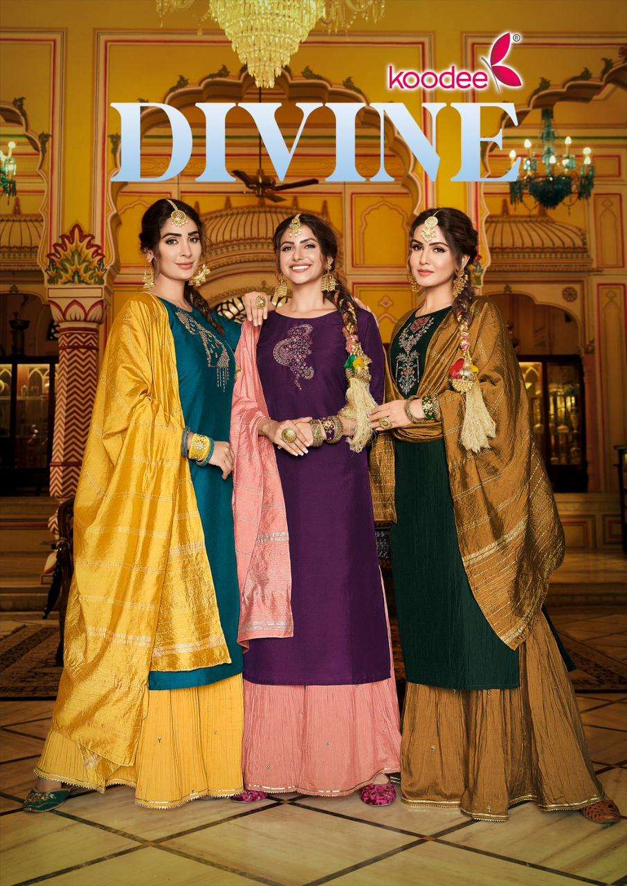 DEVINE 1 HEAVY CHINON EMBROIDERY AND KHATIL WORK KURTI WITH SHARARA AND CHANDERI DUPATTA BY KOODEE W...