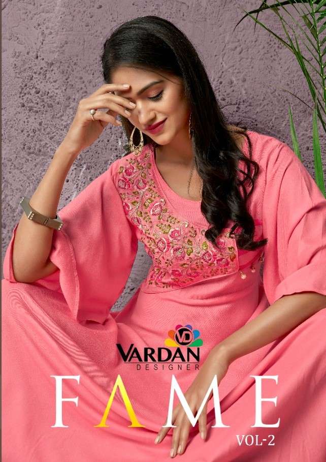 FAME VOL 2 LONG KURTI REYON BY VRADAN DESIGNER WHOLESALER AND DEALER