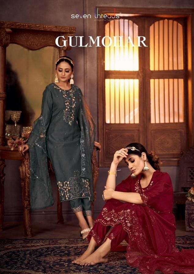  GULMOHAR BY SEVEN THREADS VISCOSE KURTI WITH PANT AND ORGANZA DUPATTA WHOLESALER AND DEALER 