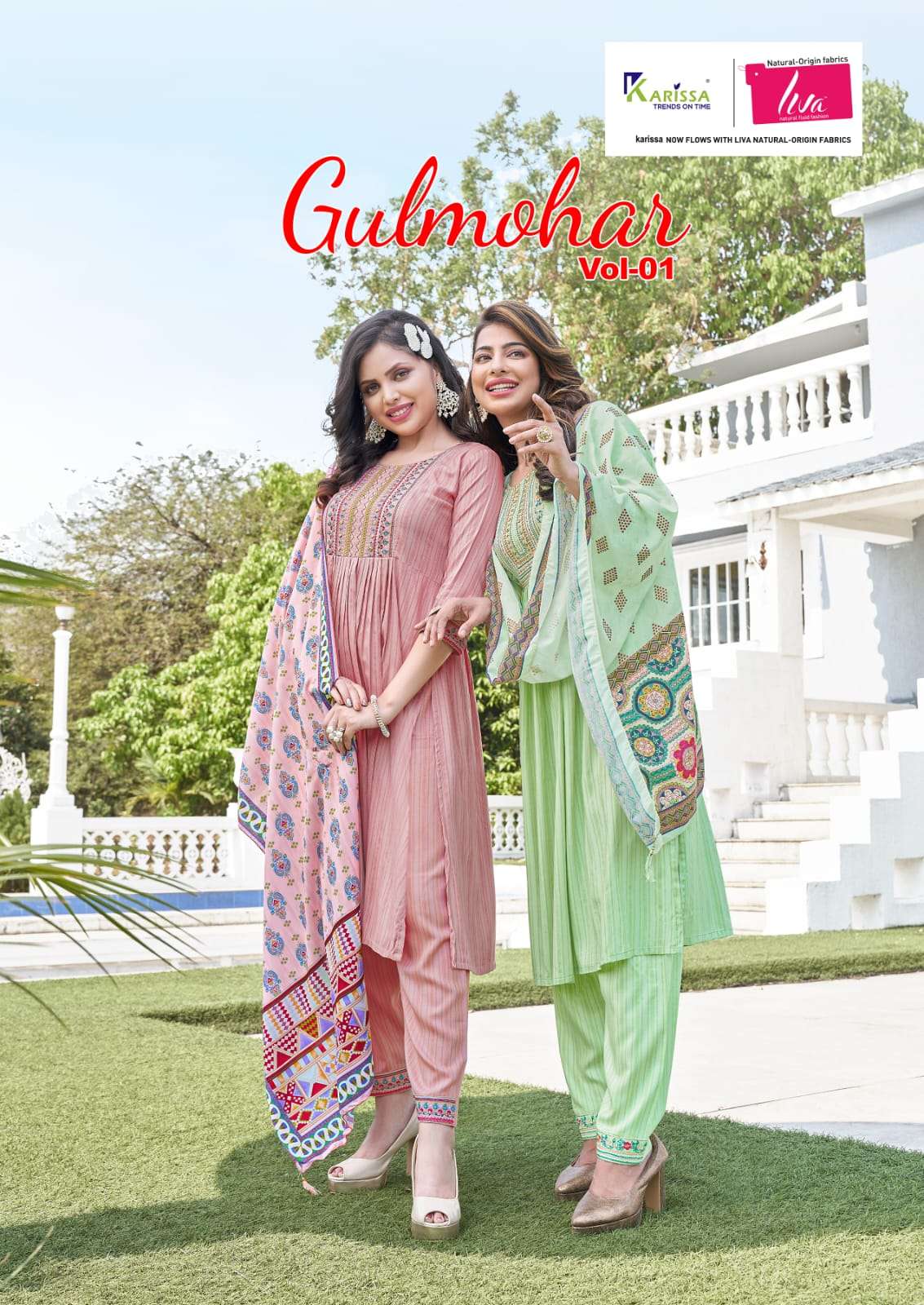 GULMOHAR VOL 1 PREMIUM LIVA RAYON PRINT THREAD WORK AND HAND WORK NAYRA CUT KURTI AND PANT WITH MUSL...