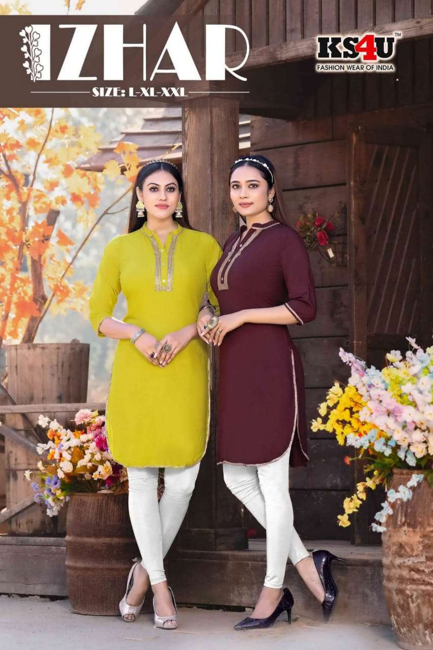 IZHAR HEAVY RAYON LIVA APPROVED U-SHAPED KURTI BY KS4U WHOLESALER AND DEALER