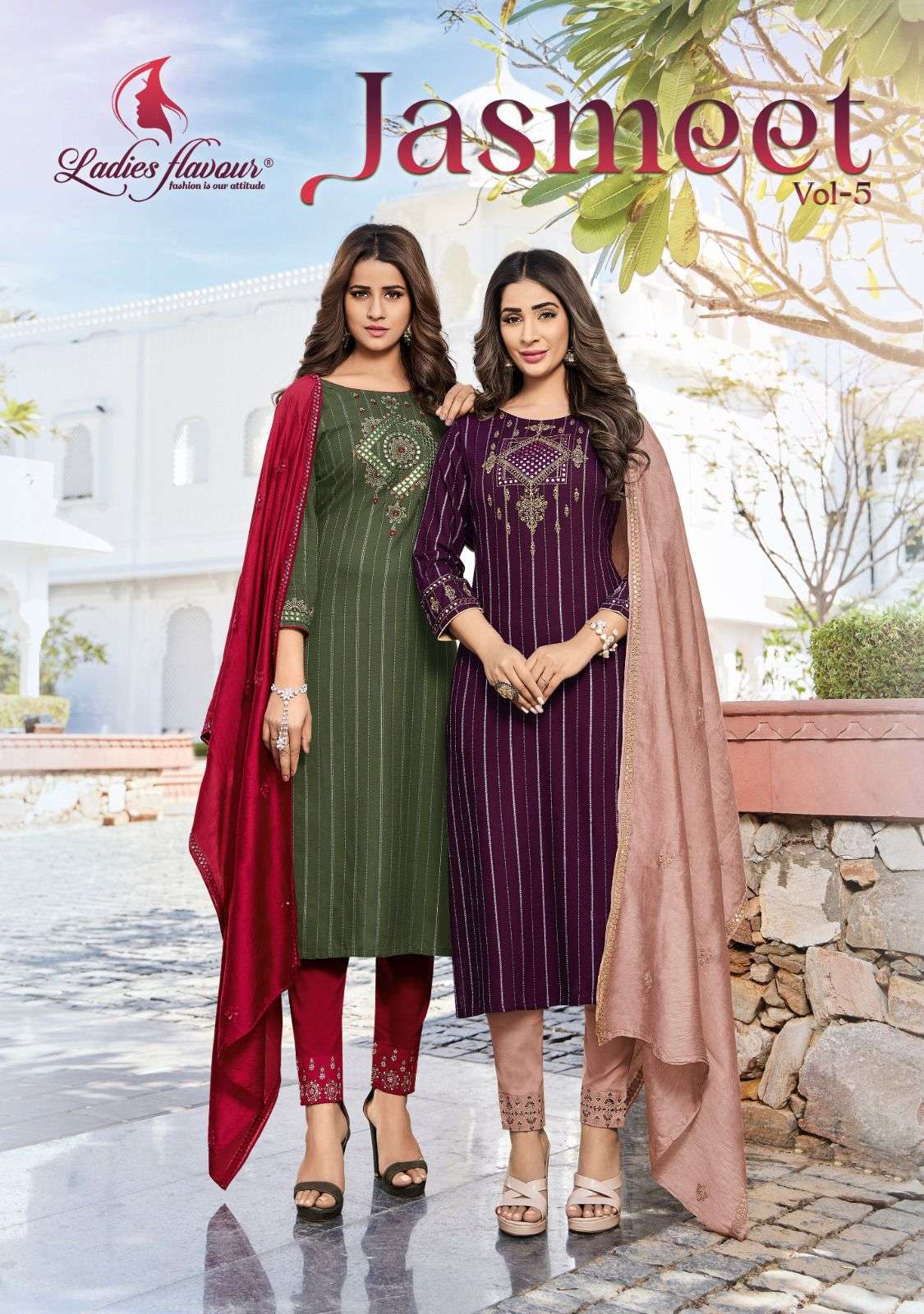 JASMEET VOL 5 14 KG RAYON WEAVING STRIP EMBROIDERY MIRROR WORK KURTI WITH COTTON SLUB LYCRA PANT AND...