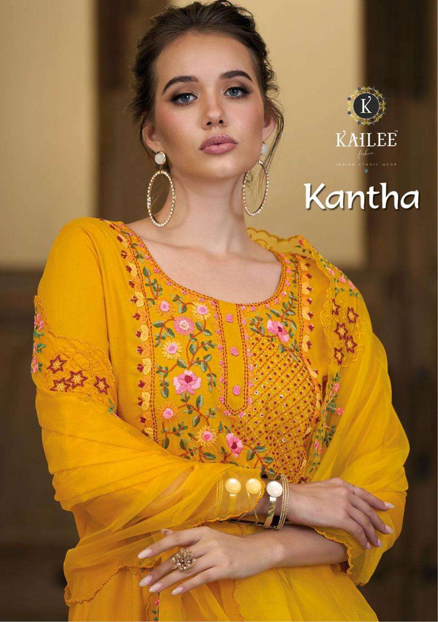 KANTHA PURE VISCOSE RAYON HAND WORK KURTI WITH PANT AND PURE ORGENJA SEQANCE DUPATTA BY KALKI FASHIO...