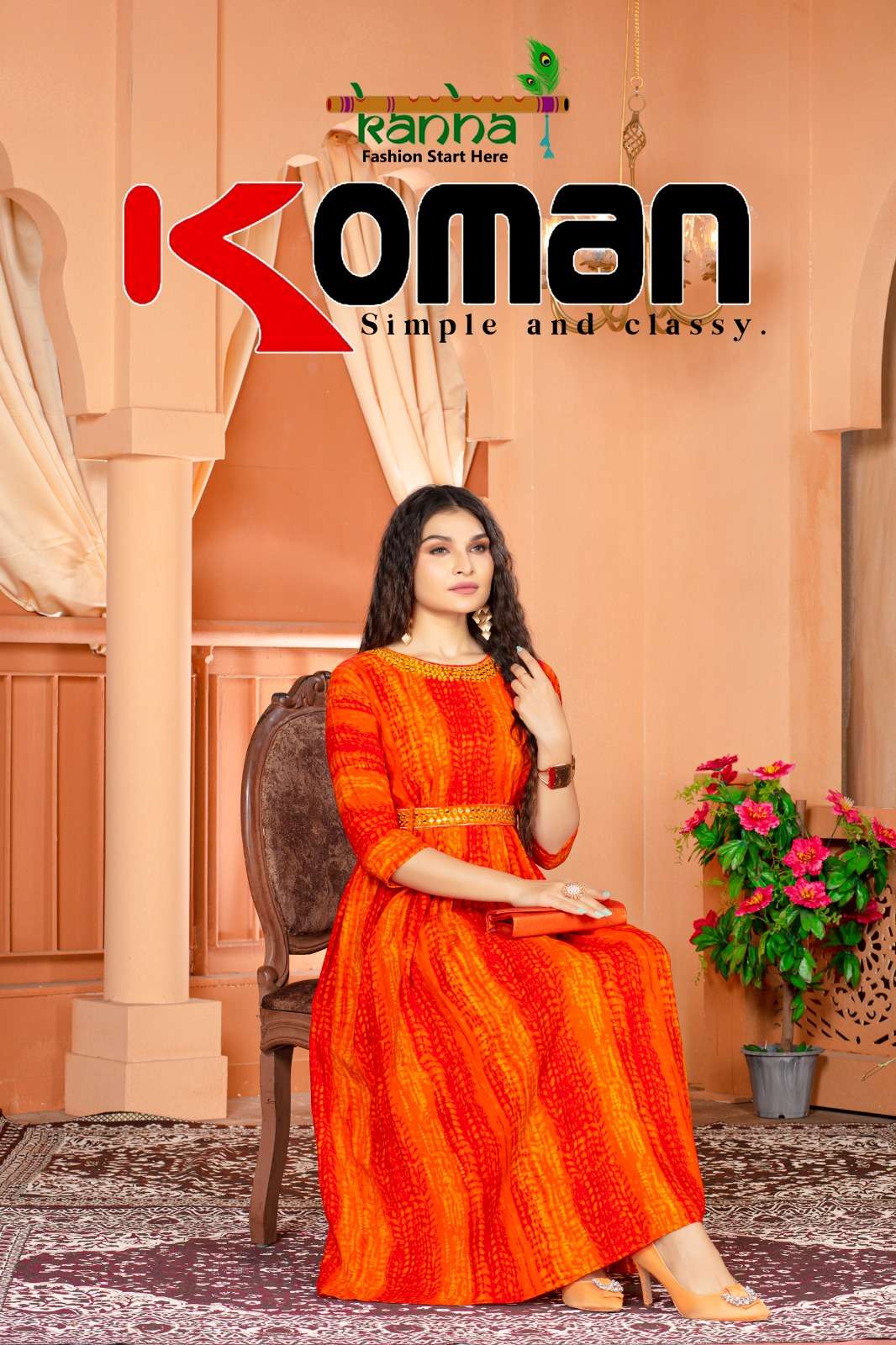 KOMAN HEAVY REYON PRINT LONG GHERA KURTI WITH ORGINAL MIRROR WORK NECK AND BELT BY KANHA BRAND WHOLE...