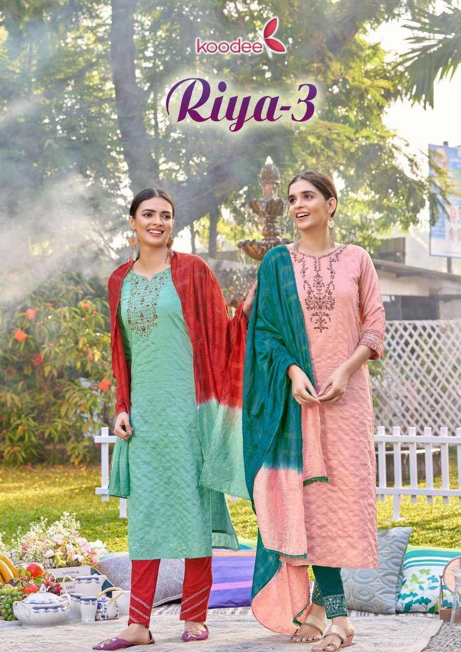  RIYA VOL 3 TOP WITH BUPATTA AND BOTTOM FANCY VISCOSE AND COTTON  EMBROIDERY WORK BY KOODEE FASHIONW...