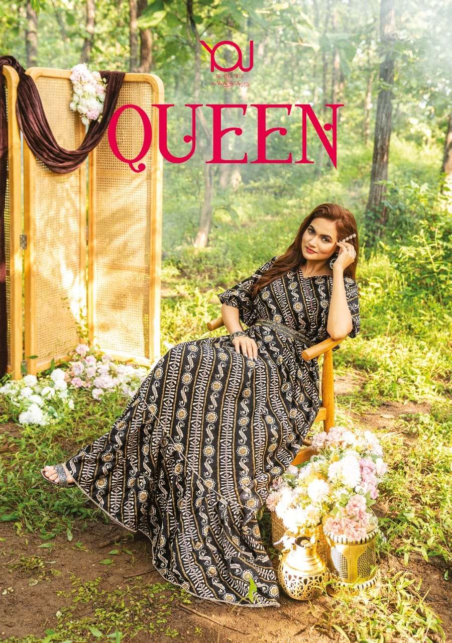 QUEEN MODAL FABRIC PRINTED LONG DESIGNER GOWN WITH HAND WORK BELT BY WANNA BRAND WHOLESALER AND DEAL...
