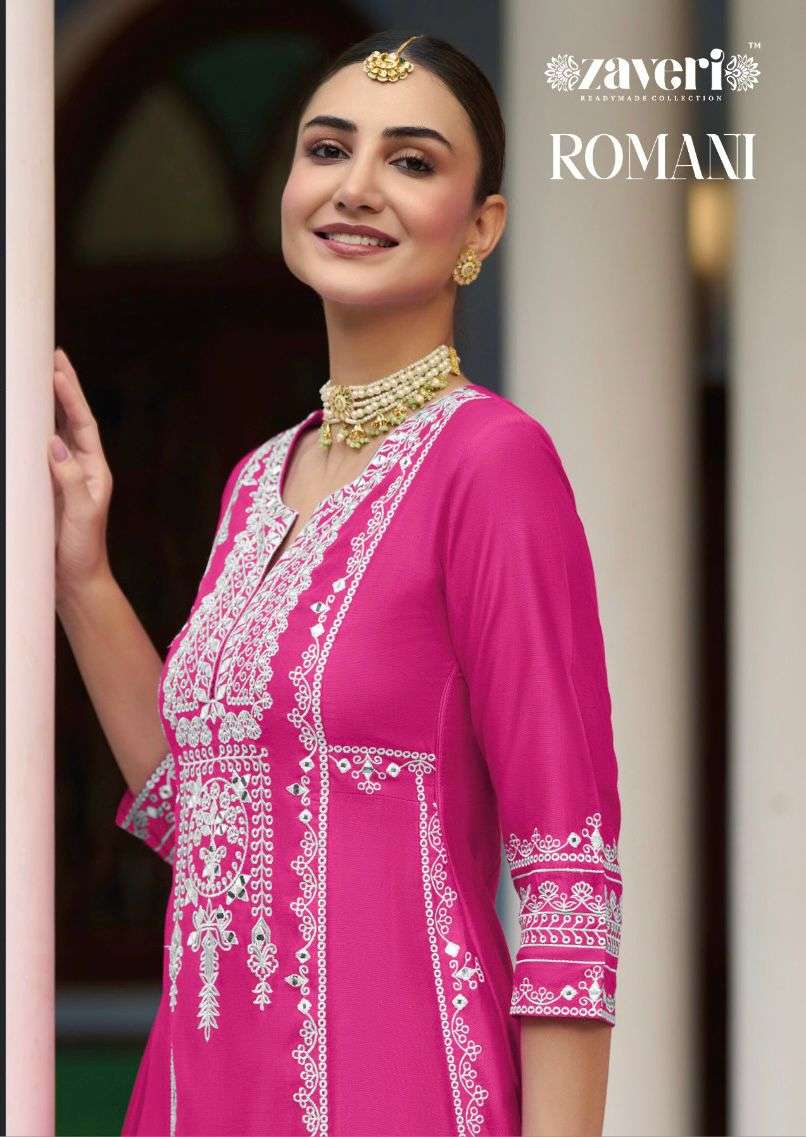 ROMANI ROMAN SILK FANCY EMBROIDERY WORK KURTI WITH PANT AND ORGANJA EMBROIDERY WORK DUPATTA BY ZAVER...