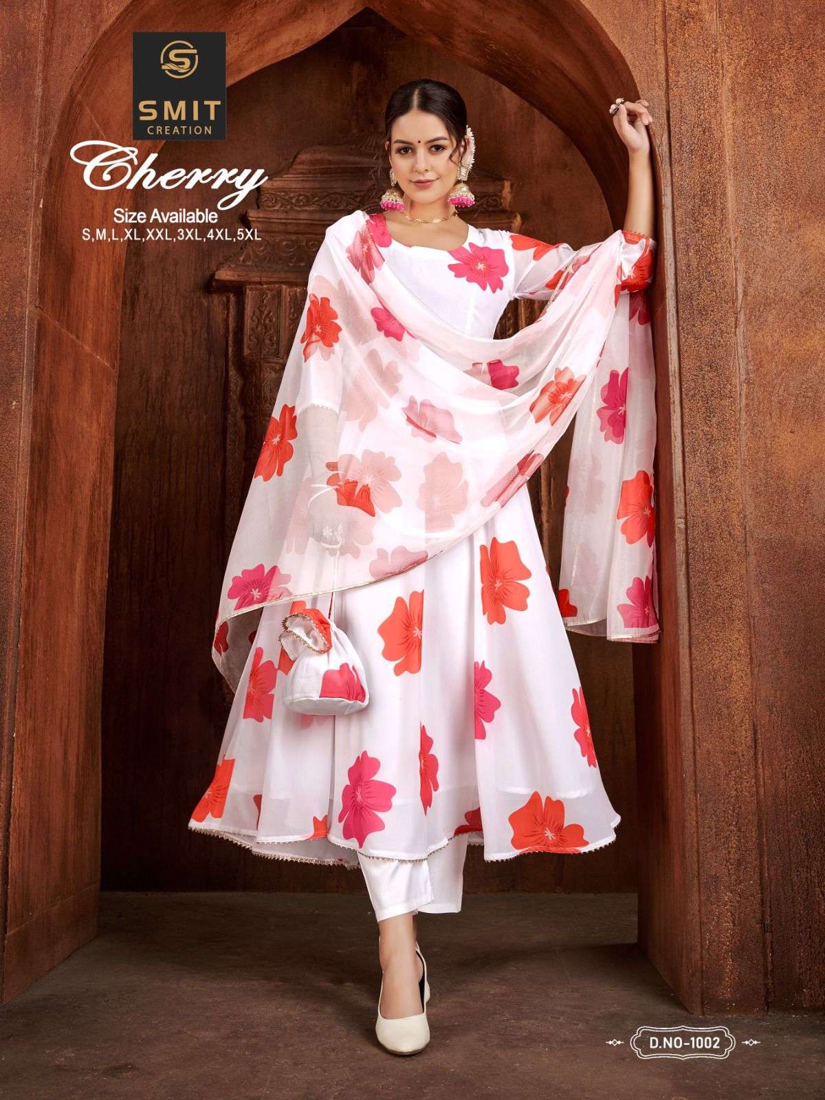 CHERRY PURE GEORGETTE PRINTED GOWN WITH CRAPE INNER AND ORGENZA PRINT DUPATTA BY SMIT CREATION WHOLE...