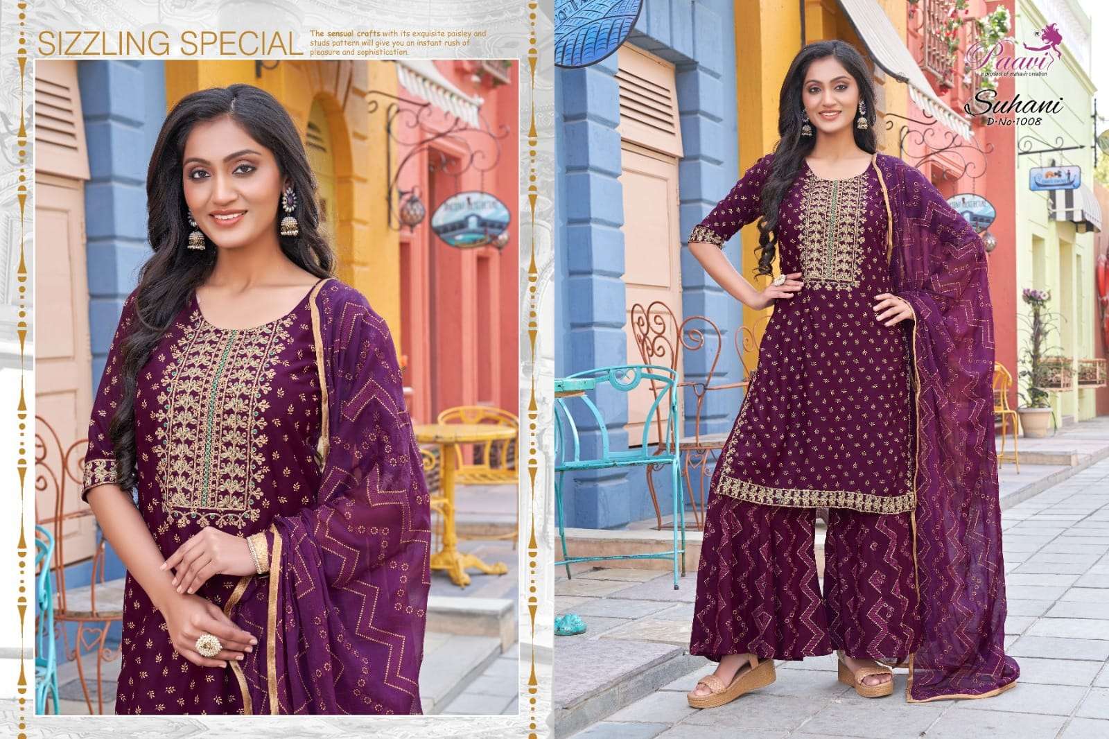 SUHANI RAYON GOLD PRINT EMBROIDERY WOTK STRAIGHT KURTI WITH SHARARA AND NAZMEEN DUPATTA BY PAAVI WHO...