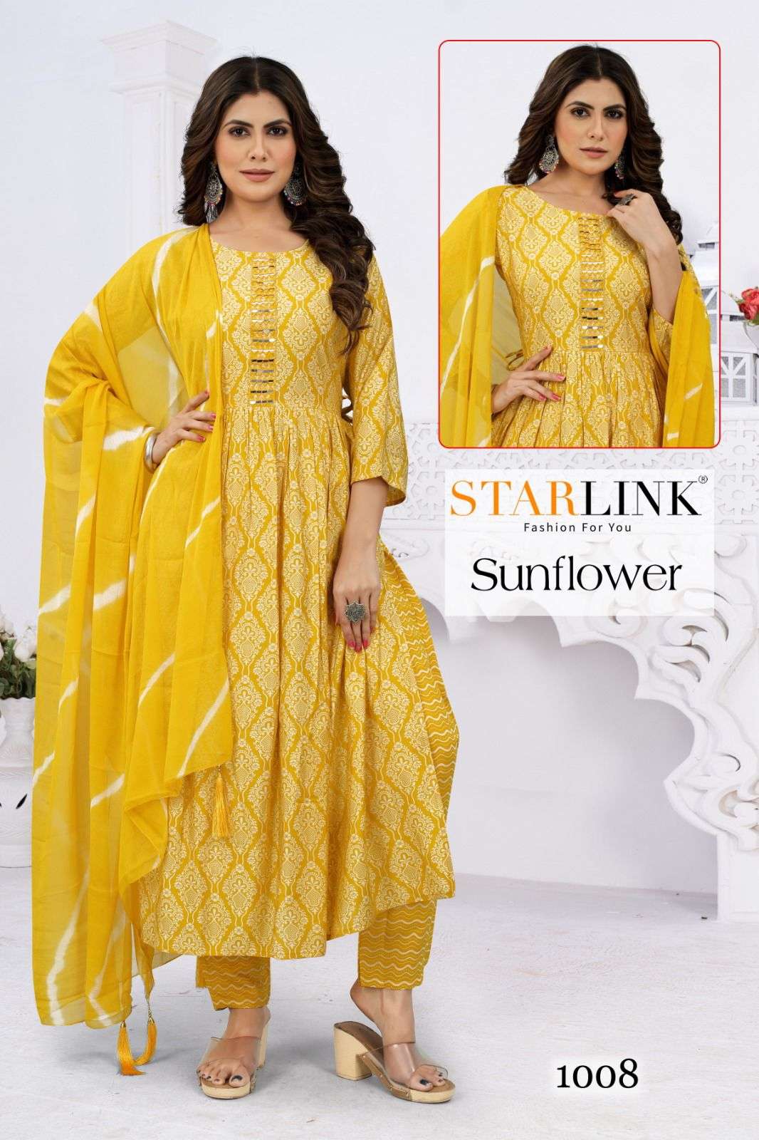 SUNFLOWER TOP WITH BOTTOM AND DUPATTA MIRROR WORK AND CHANDERI SILK FABRIC BY STARLINK WHOLSALER AND...
