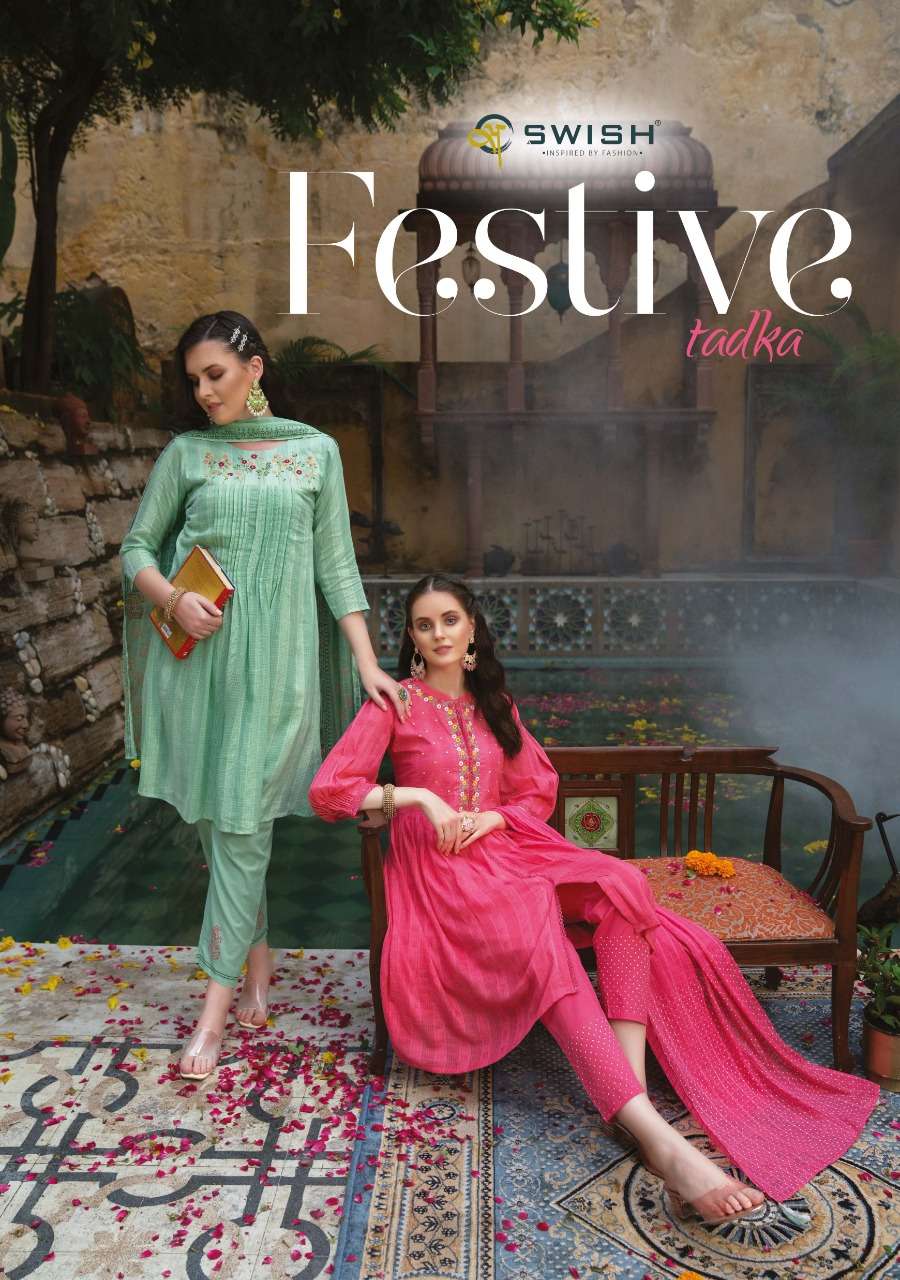 SWISH FESTIVE TADKA COTTON DRESSES WITH PANT AND DUPPATA LACES WORK WHOSELAR AND DELAR