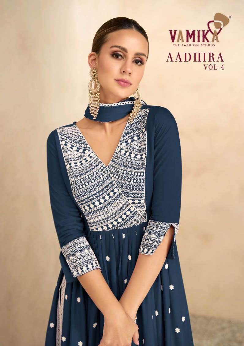 AADHIRA VOL 4 PURE REYON VISCOS HEAVY LAKHNAWI EMBROIDERIED NAYRA CUT KURTI WITH COTTON LYCRA WITH T...
