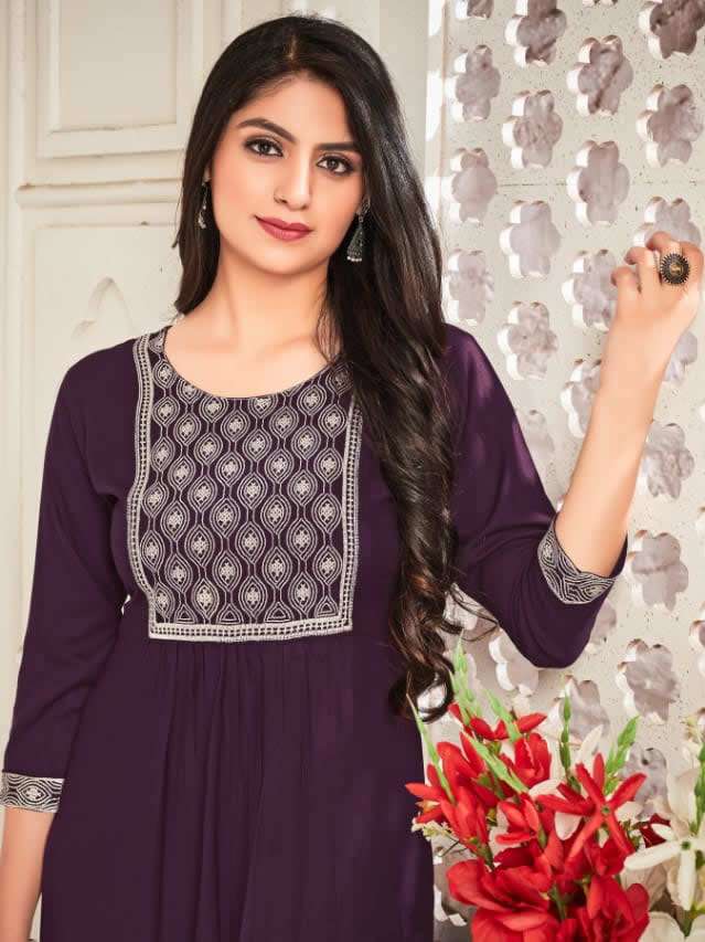 AFREEN  RAYON 14KG FANCY EMBROIDERY WORK NAYRA CUT KURTI BY MAA CREATION BRAND WHOLESALER AND DEALER