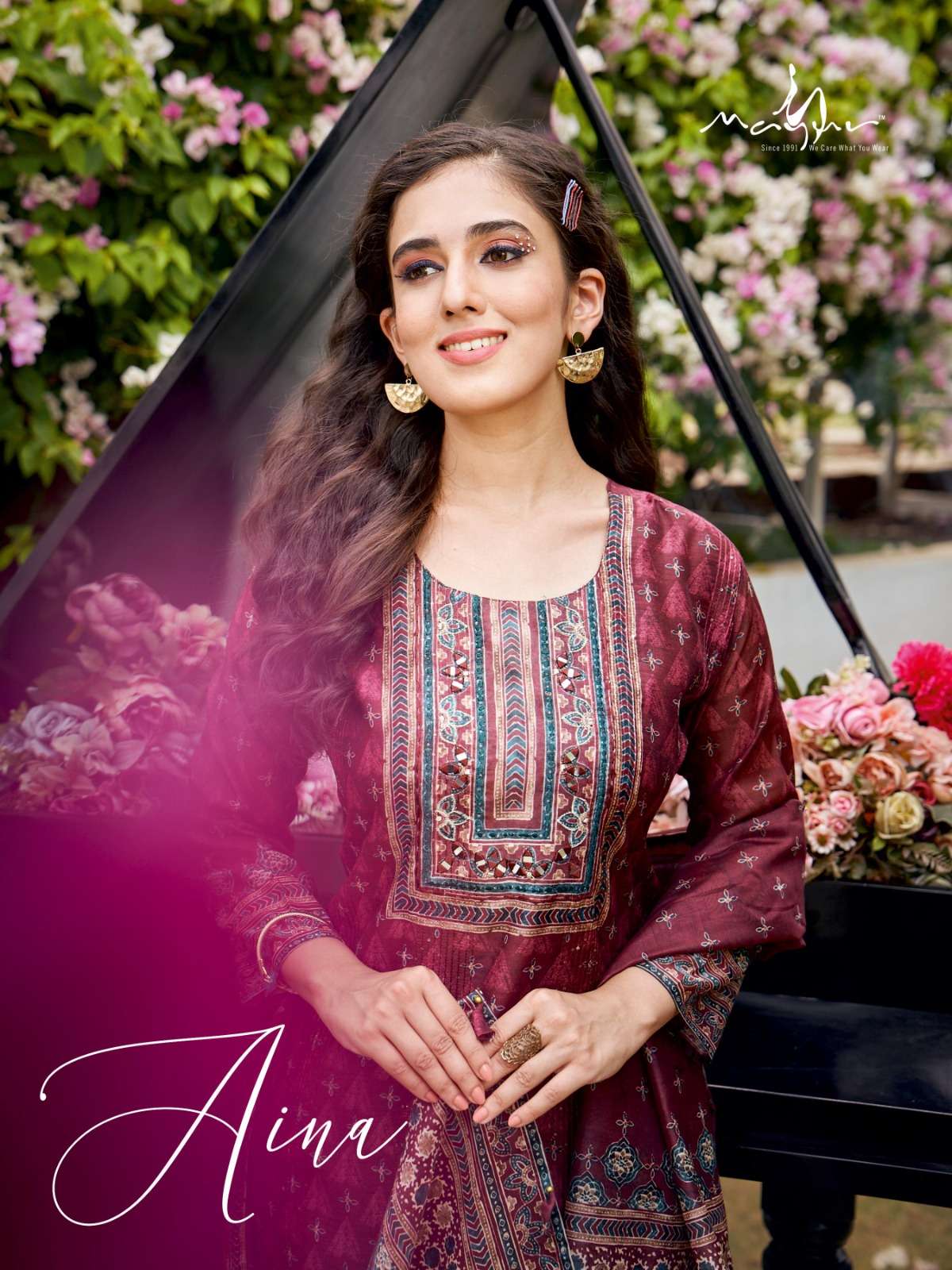 AINA DIGITAL CROCHET SILK KURTI WITH SELF COTTON SATIN PANT AND SILK DIGITAL DUPATTA BY MAYUR FASHIO...