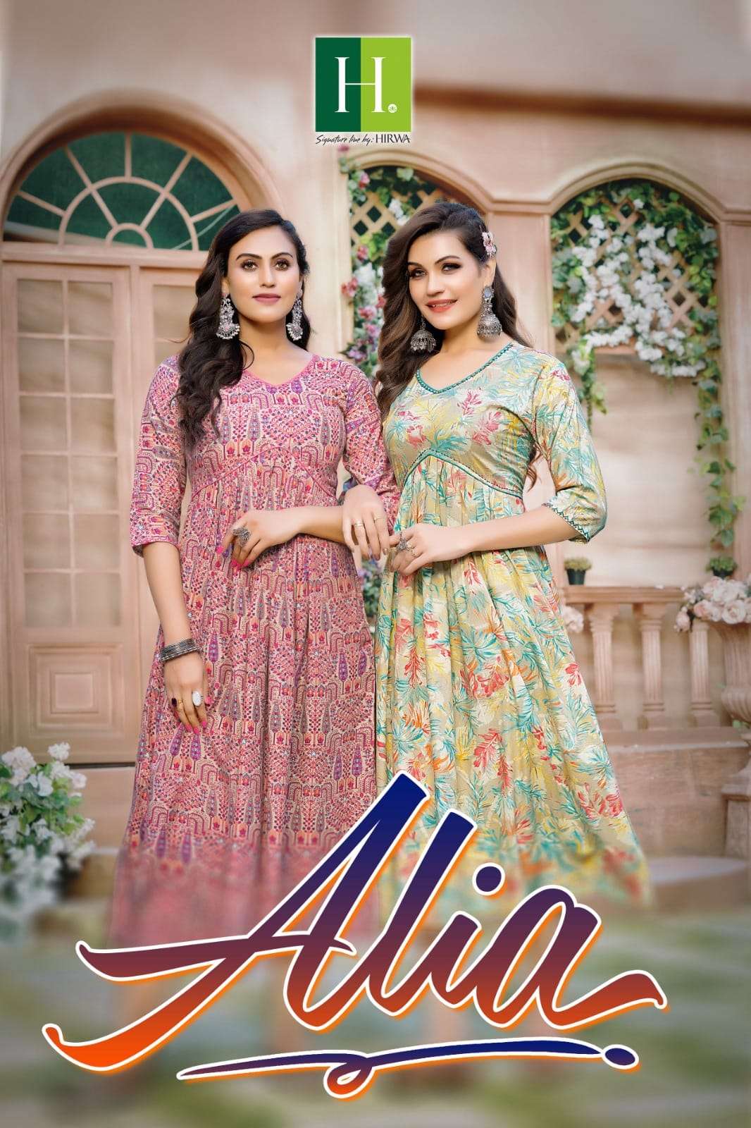 ALIA HEAVY RAYON FOIL PRINTS ALIA CUT FESTIVE WEAR KURTIS WITH HANDWORK BY H DOT BRAND WHOLESALER AN...