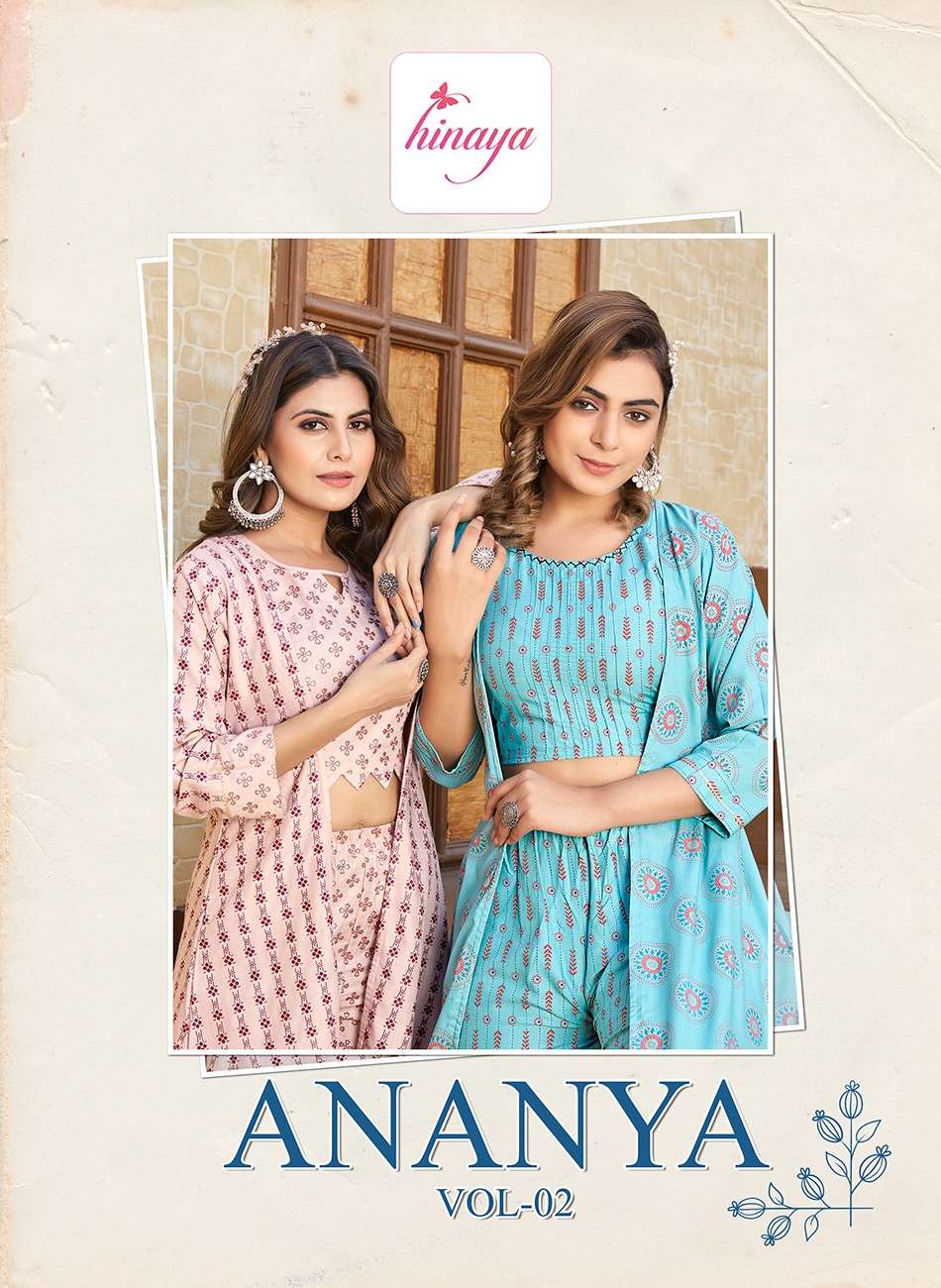 ANANYA VOL 1 TRENDY RAYON JUMPSUITS PATTERN JACKETS WITH CROP TOP INNER AND PANT BY HINAYA WHOLESALE...