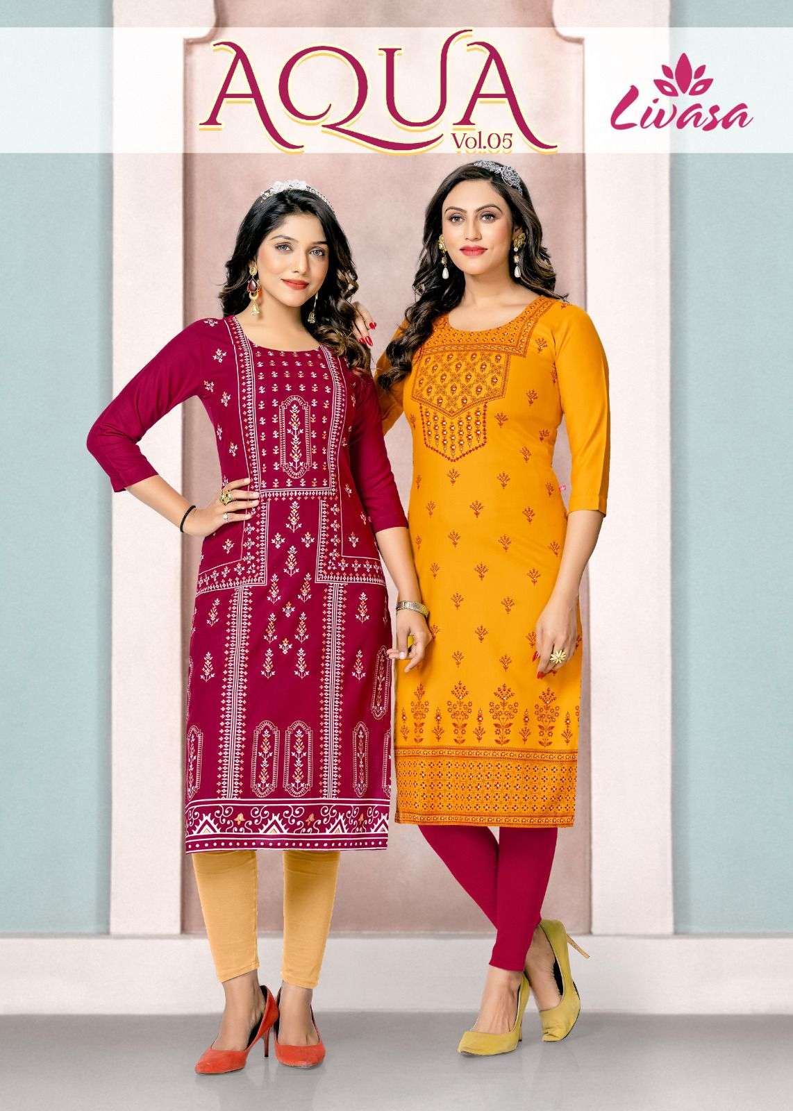 AQUA VOL 5 HEAVY QUALITY RAYON PRINTS STRAIGHT KURTI BY LIVASA WHOLESALER AND DEALER