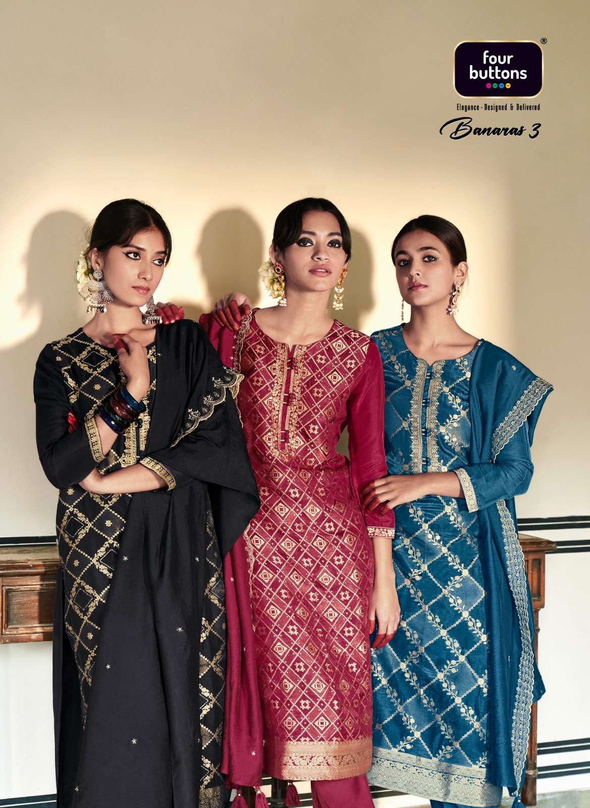 BANARAS VOL 3 BANARASI RANGKAT JACQUARD HANDWORK ON PURE DOLA SILK KURTI WITH VISCOSE SILK PANT AND ...