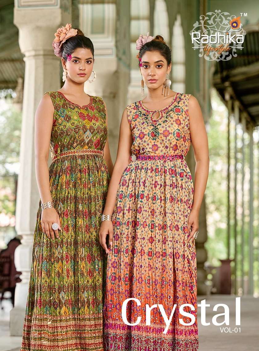 CRYSTAL VOL 1 PURE STRIPE GEORGETTE DIGITAL PRINTED HANDWORK GOWN WITH SEPARATE BELT BY RADHIKA LIFE...