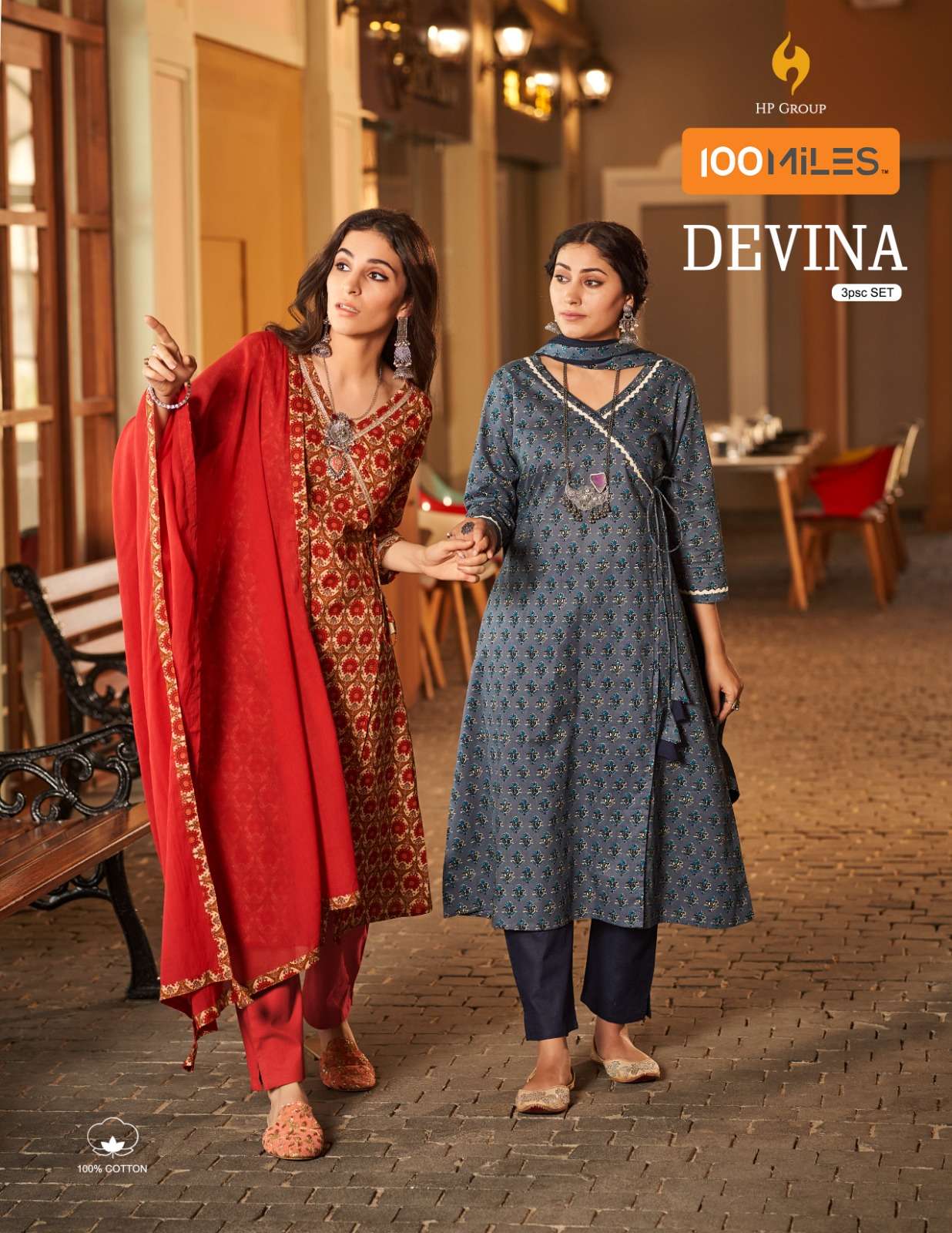 DEVINA PURE COTTON PRINTED ANGRAKHA KURTI WITH PANT AND DUPATTA BY 100MILES