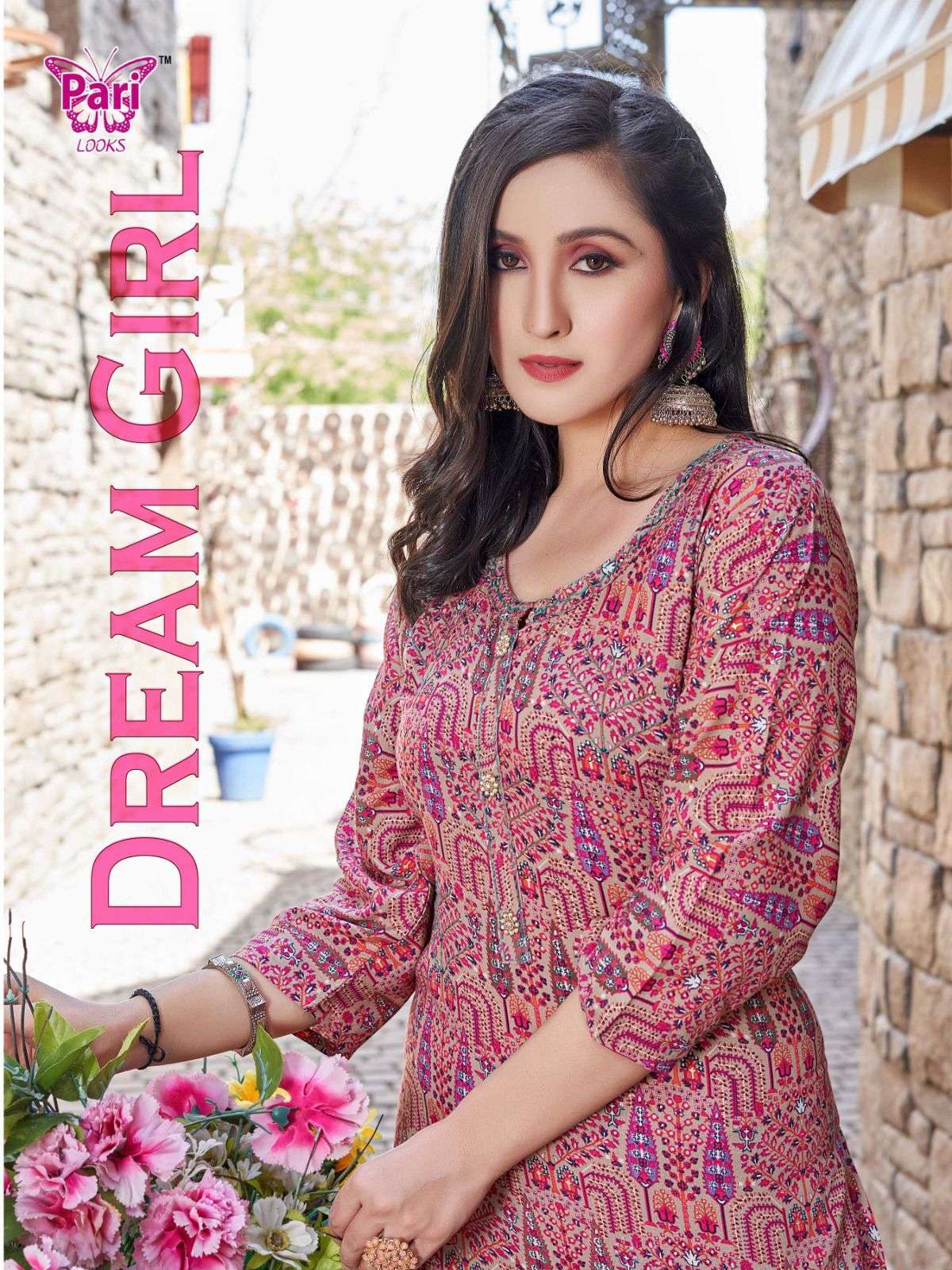 DREAM GIRL RAYON 18KG FOIL PRINT HEAVY HANDWORK STRAIGHT KURTI BY PARI BRAND WHOLESALER AND DEALER