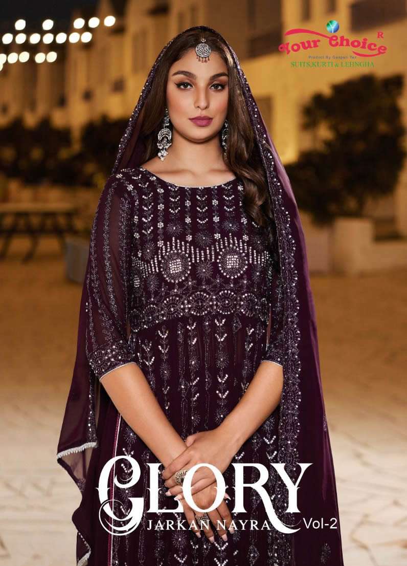 GLORY VOL 2 BLOOMING GEORGETTE HEAVY JARKAN HANDWORK NAYRA CUT EID SPECIAL KURTI WITH SHARARA AND DU...