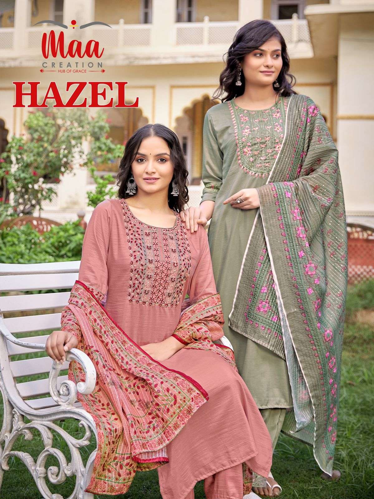 HAZEL CHINON SILK PURE HANDWORK AND MACHINE WORK DESIGNER KURTI WITH LACE WORK ON PANT AND CHANDERI ...