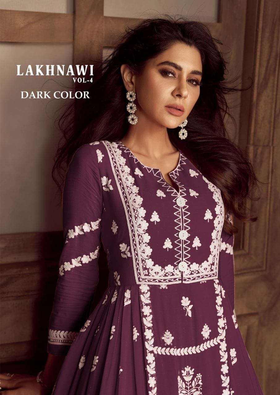 LAKHNAWI VOL 4 DARK COLOR HEAVY REYON WHITE THREAD EMBROIDERY WORK NAYRA CUT KURTI WITH PLAZZO AND N...