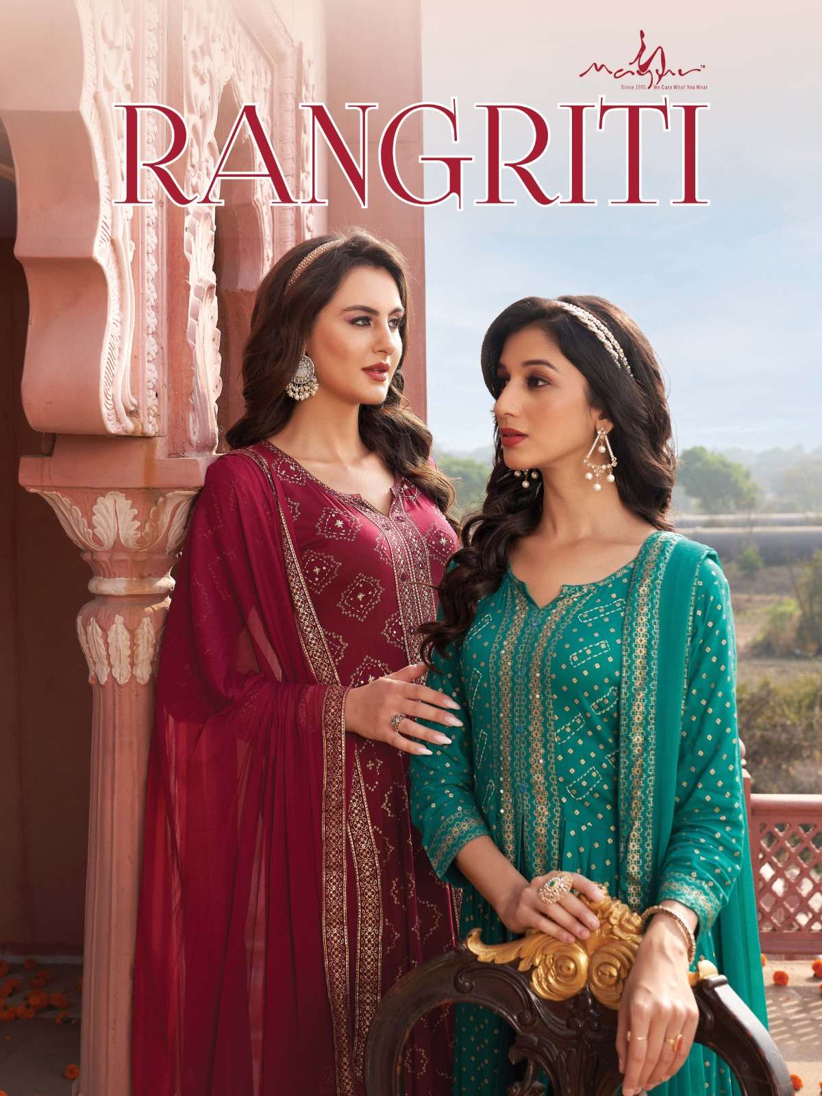 RANGRITI RAYON GOLD FOIL PRINT MIDDLE CUT HANDWORK KURTI WITH PANT AND NAZMIN DUPATTA WITH BORDER WO...