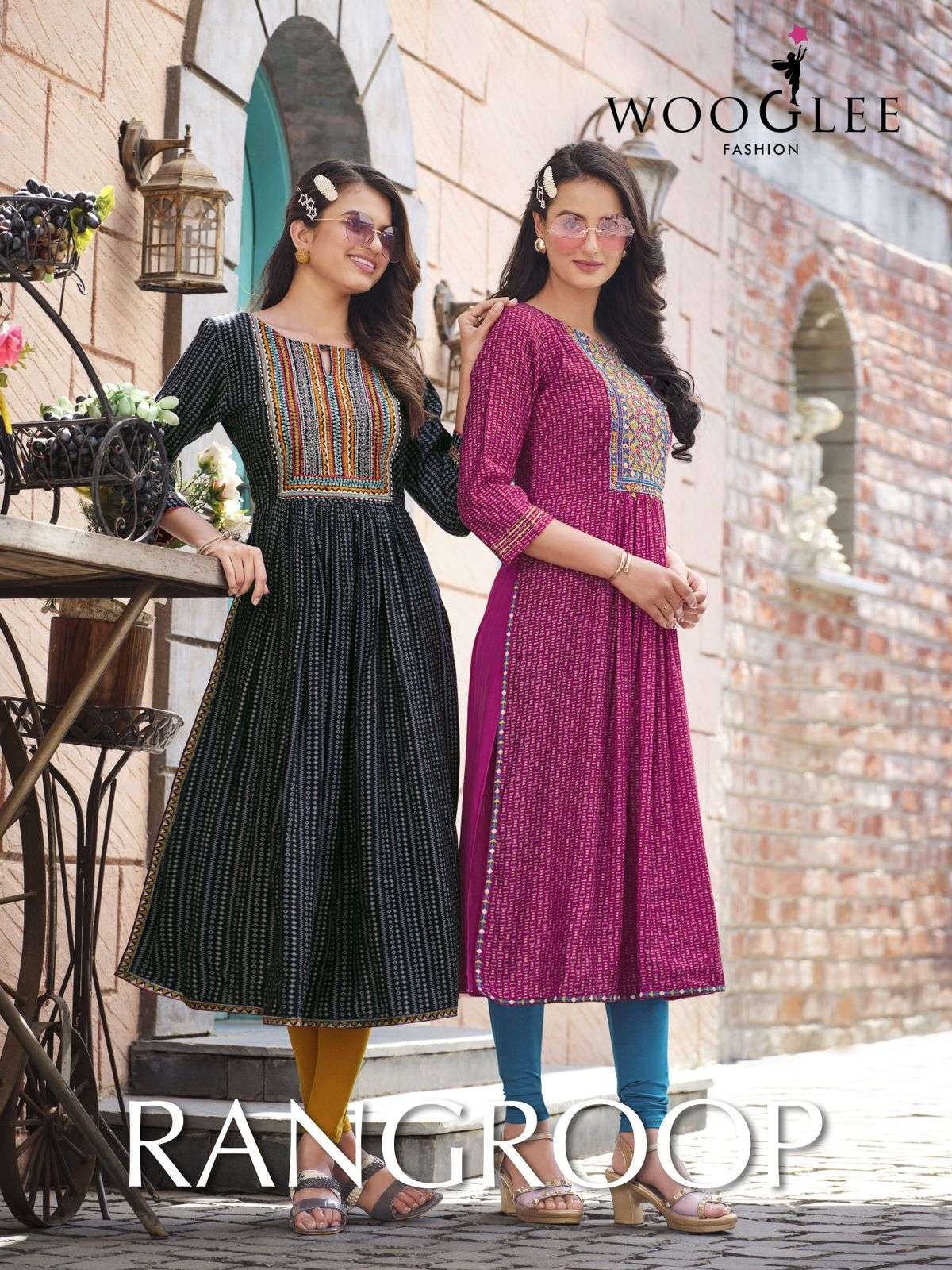 RANGROOP RAYON PRINT EMBROIDERY WORK NYRA CUT KURTI BY WOOGLEE BRAND WHOLESALER AND DEALER