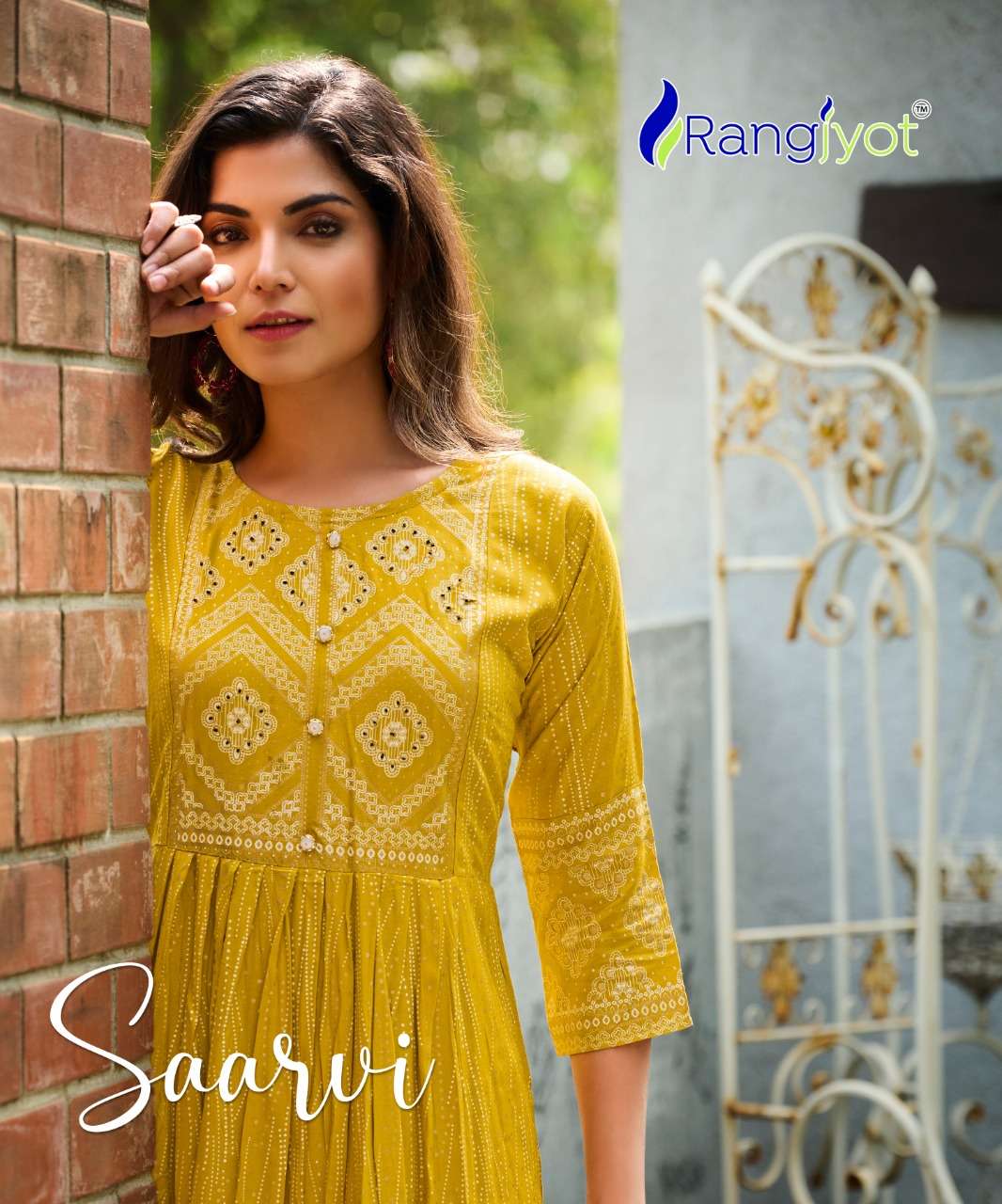 SAARVI VOL 1 14KG RAYON GOLD AND FOIL PRINT SEQUENCE WORK NYRA CUT KURTI AND PANT BY RANGJYOT WHOLES...