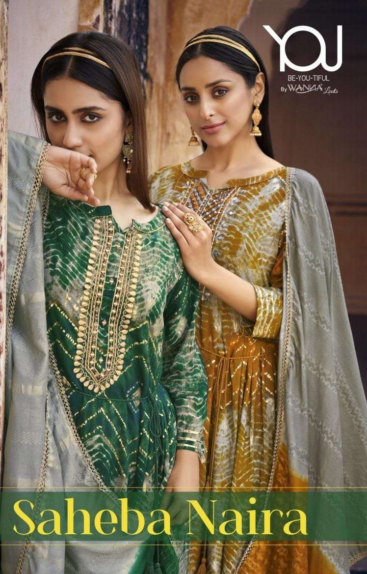 SAHEBA NAIRA FINEST QUALITY LIVA TAG RAYON FESTIVE GOLD PRINT NAIRA CUT KURTI WITH LYCRA PANT AND FA...