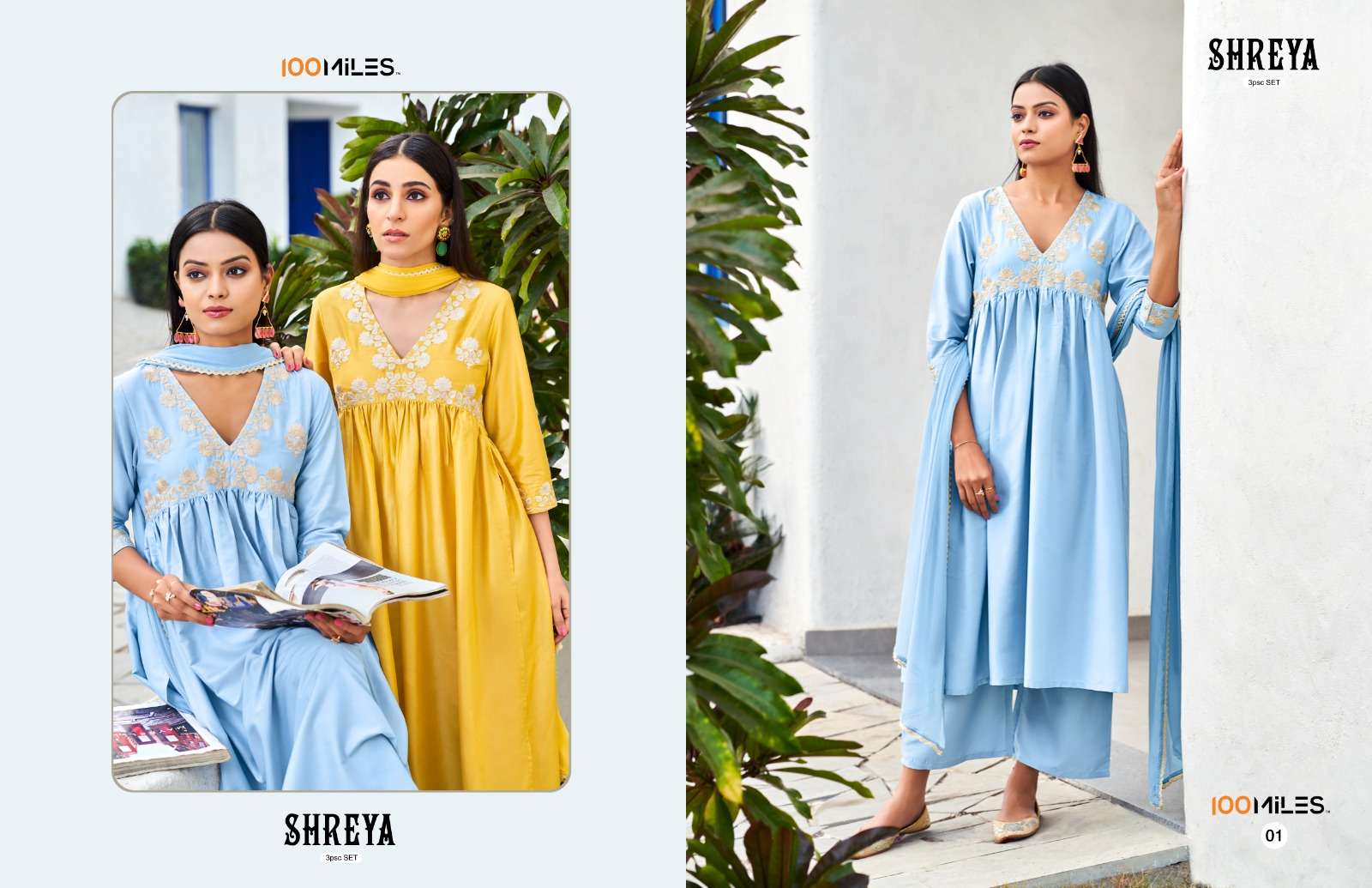 SHREYA PREMIUM FANCY FABRIC EMBROIDERED ALIA CUT KURTI WITH PANT AND CHIFFON DUPATTA BY 100MILES BRA...