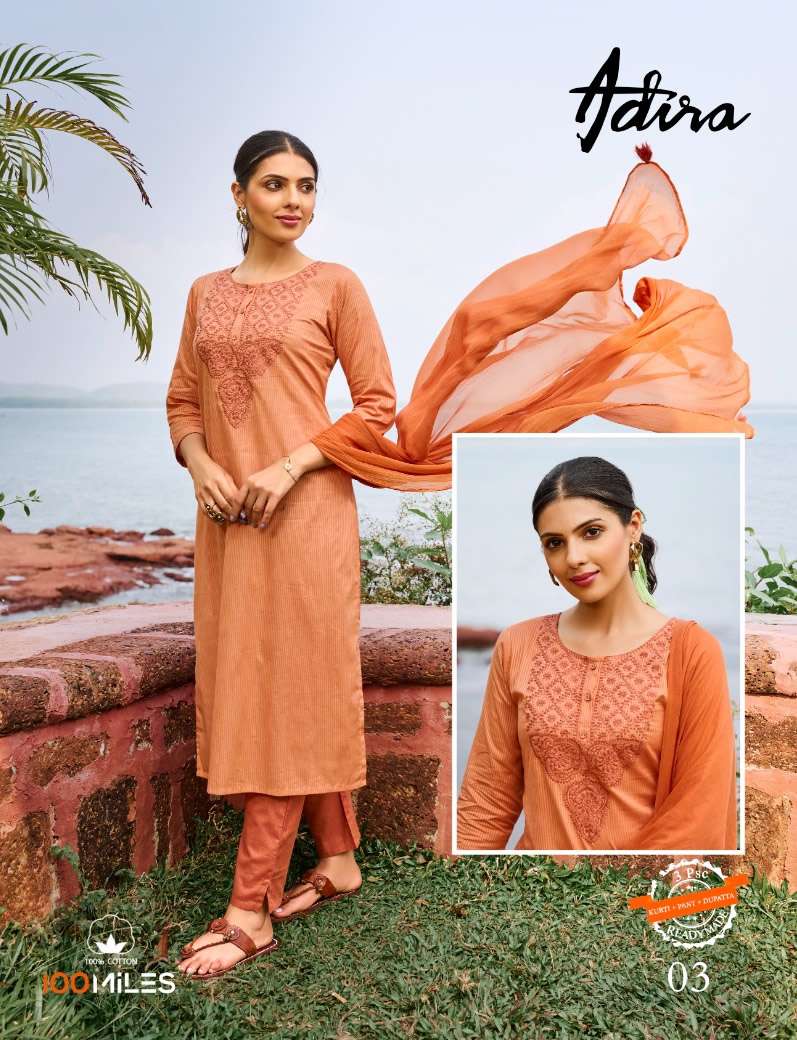 ADIRA COTTON HEAVY EMBROIDERED KURTI WITH PANT AND LACE WORK DUPATTA BY 100MILES BRAND WHOLESALER AN...