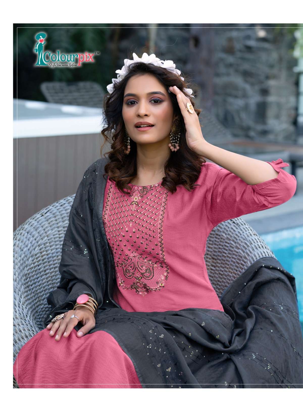 ALVEERA VOL 1 HEAVY FANCY VISCOSE REYON EMBROIDERY AND STONE WORK KURTI WITH PANT AND CHANDERI DUPAT...